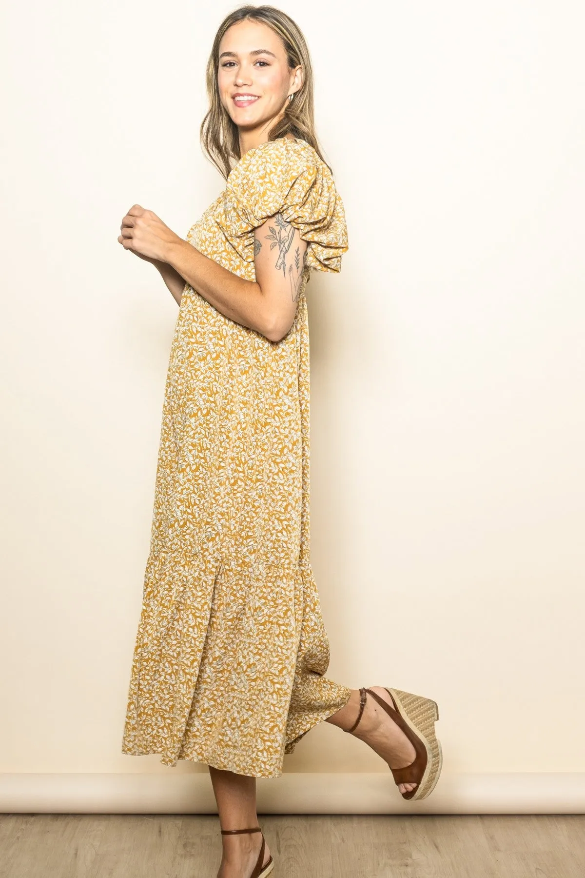 Yellow Floral Puffed Sleeve Midi Dress sold by Pinkblush product image thumbnail 2
