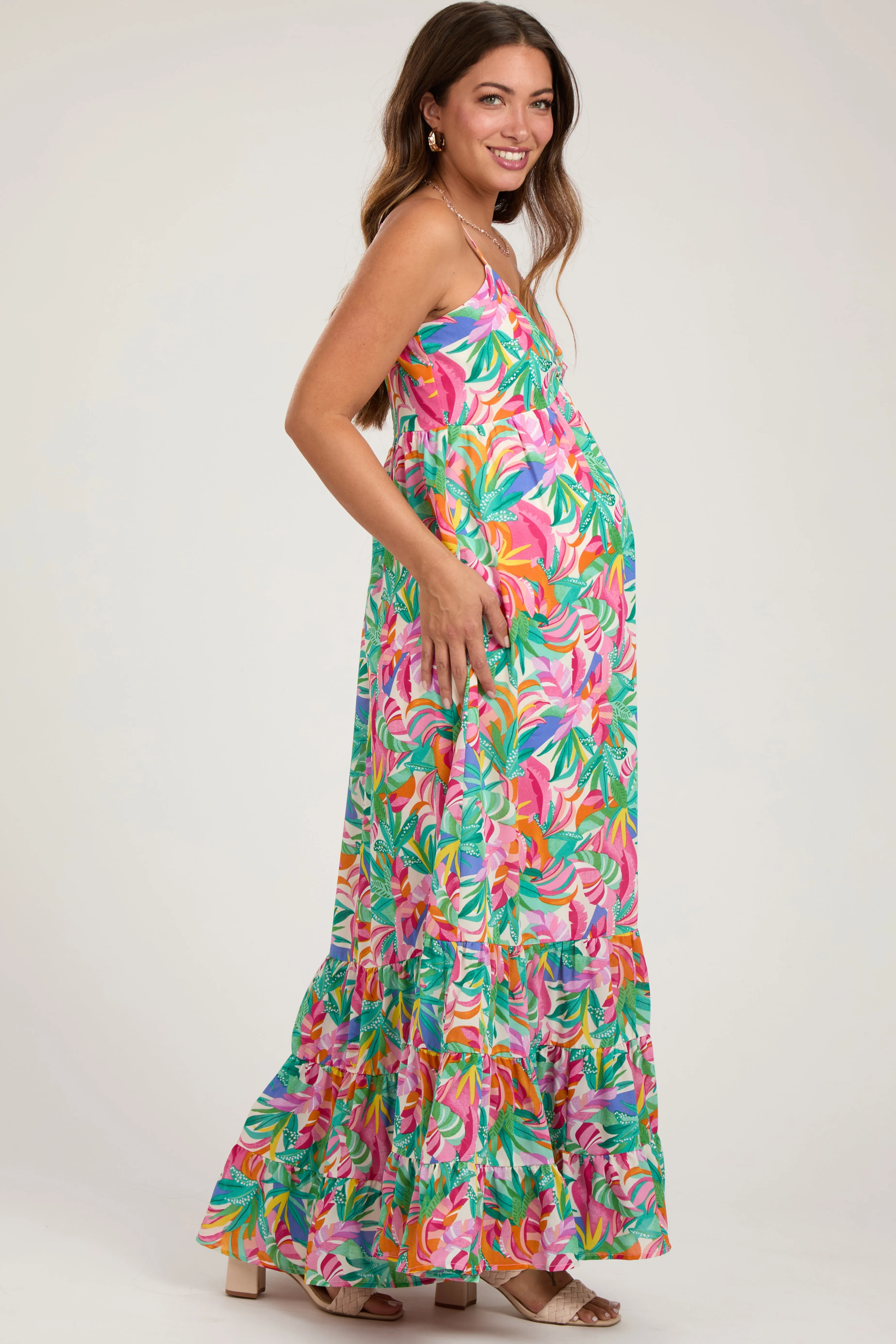 Green Floral Sleeveless Ruffle Hem Maternity Maxi Dress sold by Pinkblush product image thumbnail 2