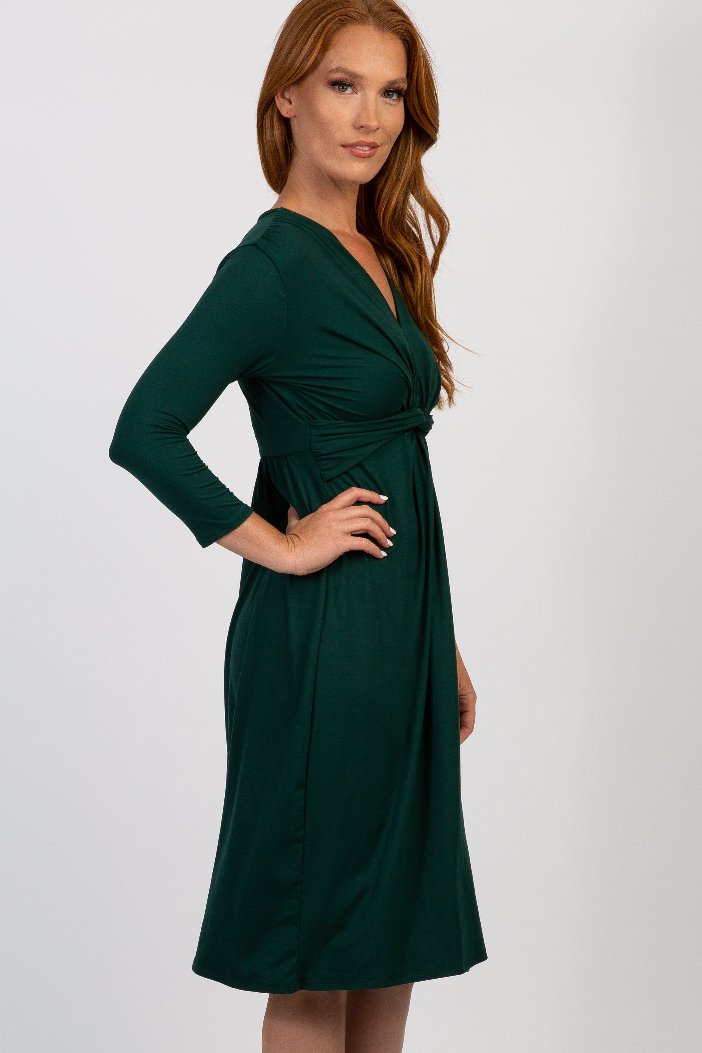 Forest Green Twist Front 3/4 Sleeve Dress sold by Pinkblush product image thumbnail 3