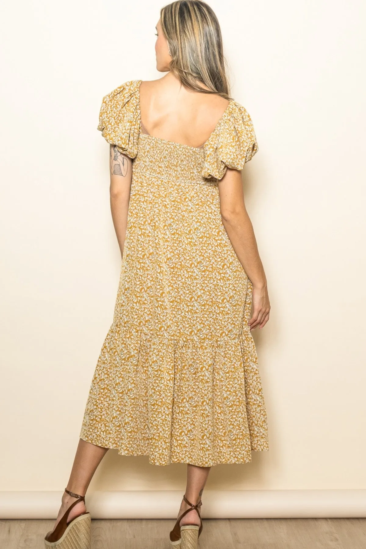 Yellow Floral Puffed Sleeve Midi Dress sold by Pinkblush product image thumbnail 3