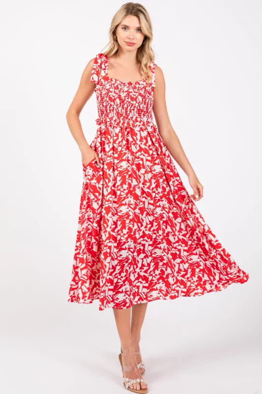 Red Printed Smocked Shoulder Tie Midi Dress sold by Pinkblush