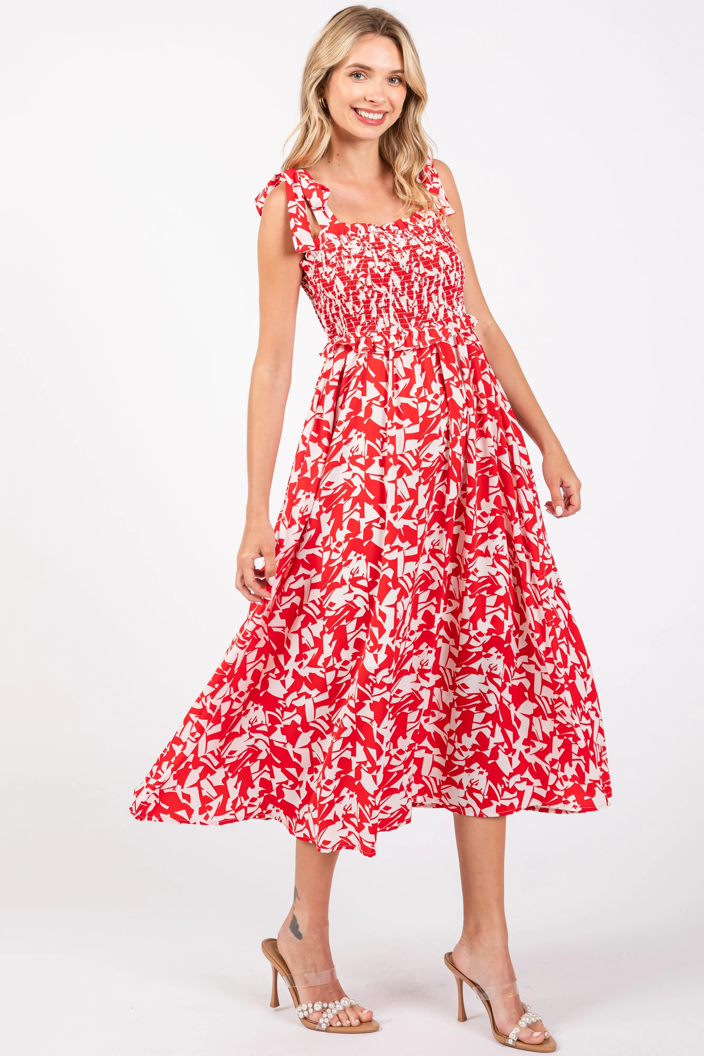 Red Printed Smocked Shoulder Tie Midi Dress sold by Pinkblush product image thumbnail 2