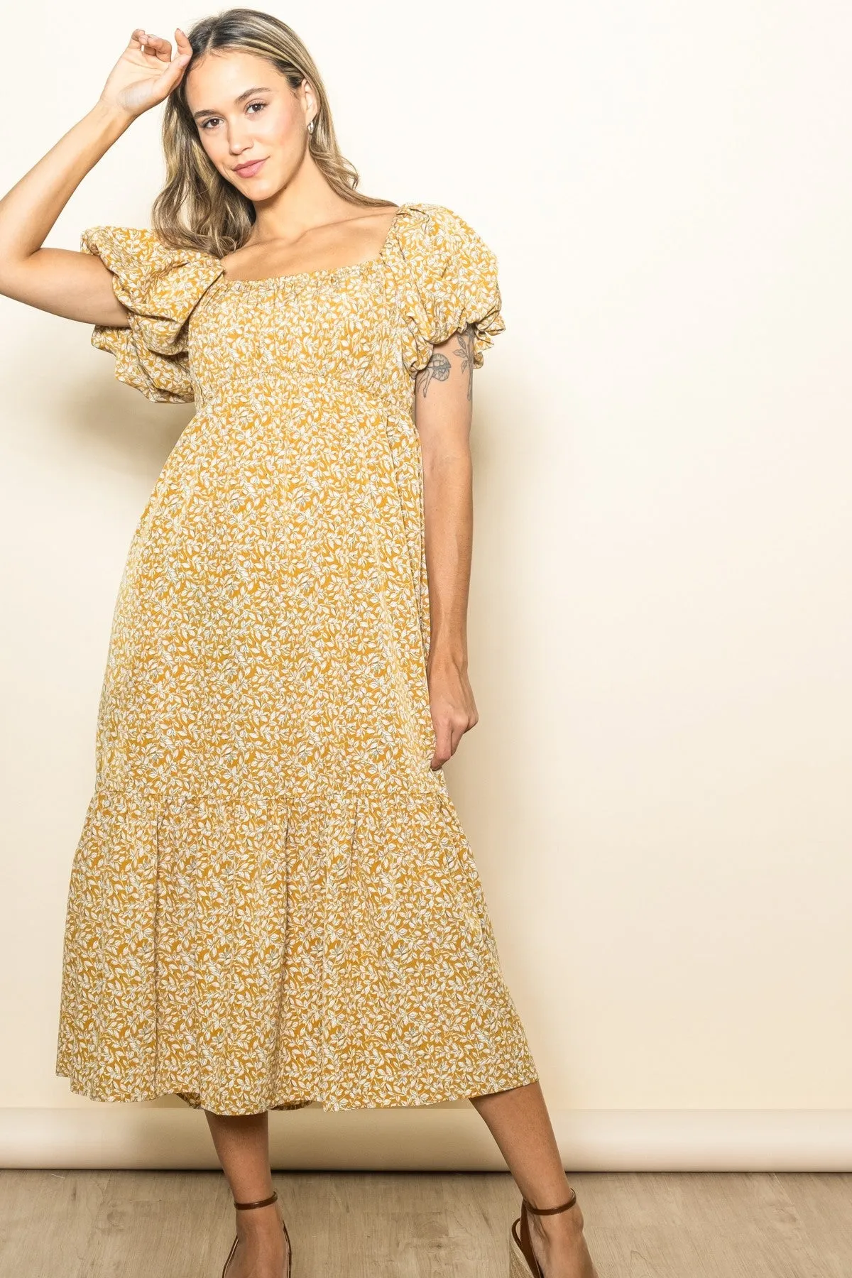 Yellow Floral Puffed Sleeve Midi Dress sold by Pinkblush