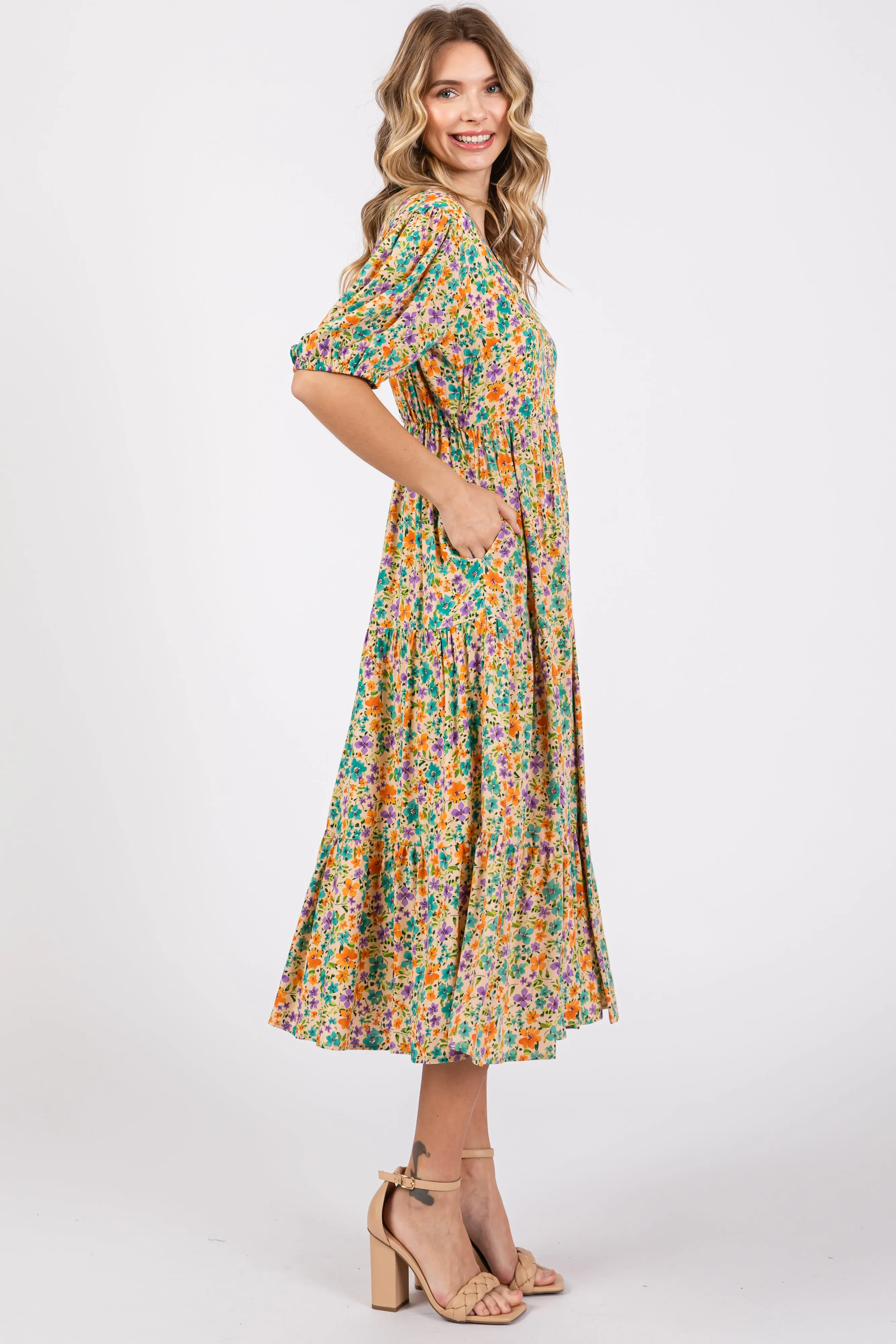 Beige Floral Button Front Ruffle Hem Midi Dress sold by Pinkblush product image thumbnail 2