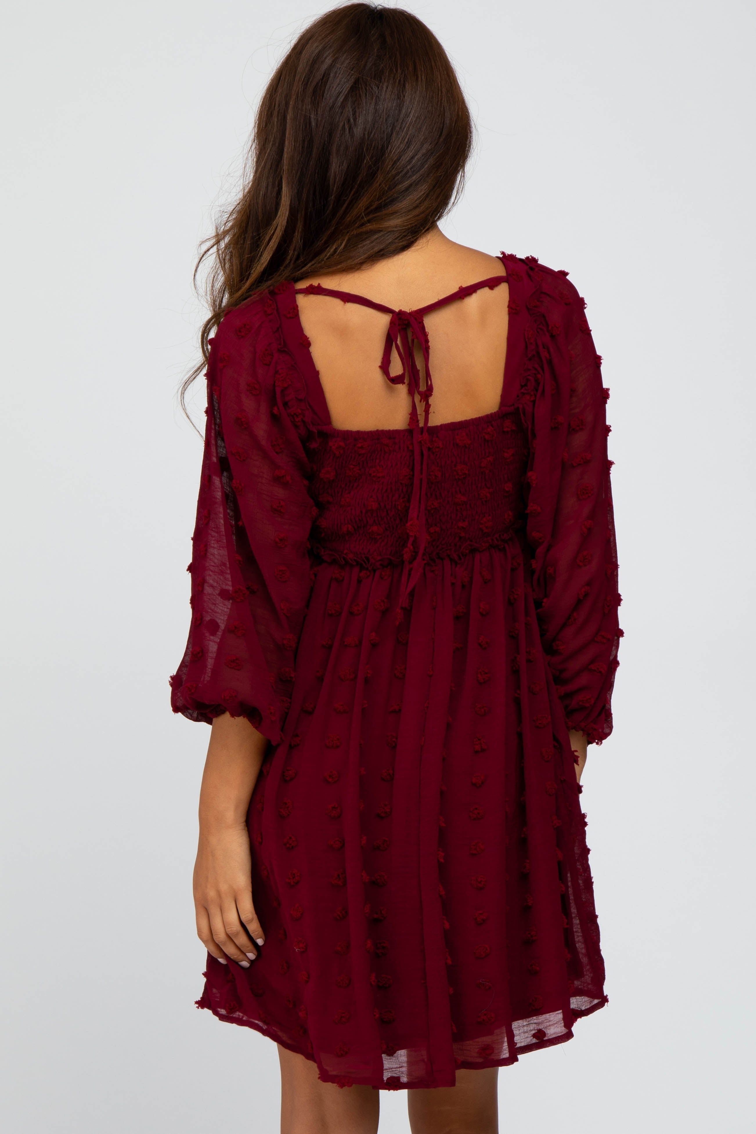 Burgundy Textured Dot Smocked Square Neck Chiffon Dress sold by Pinkblush product image thumbnail 3