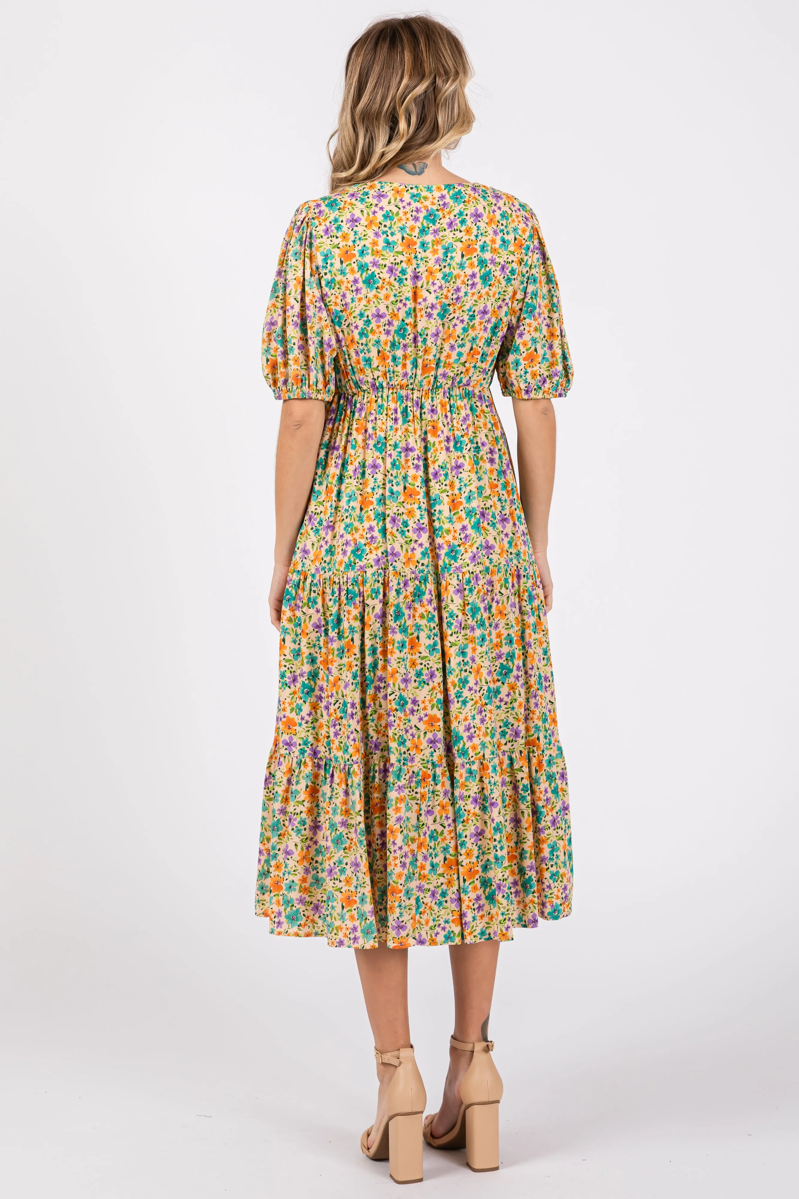 Beige Floral Button Front Ruffle Hem Midi Dress sold by Pinkblush product image thumbnail 3