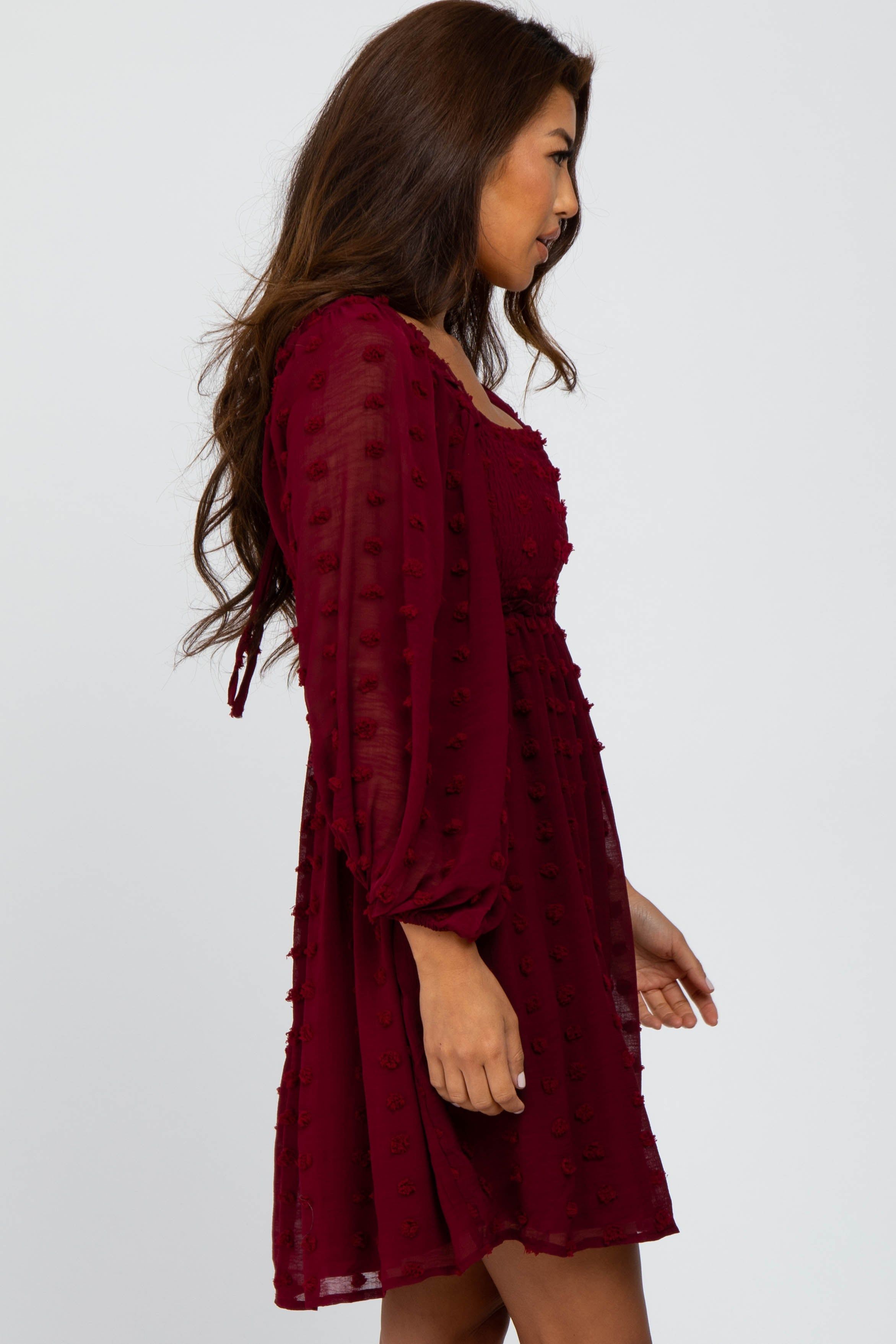 Burgundy Textured Dot Smocked Square Neck Chiffon Dress sold by Pinkblush product image thumbnail 2