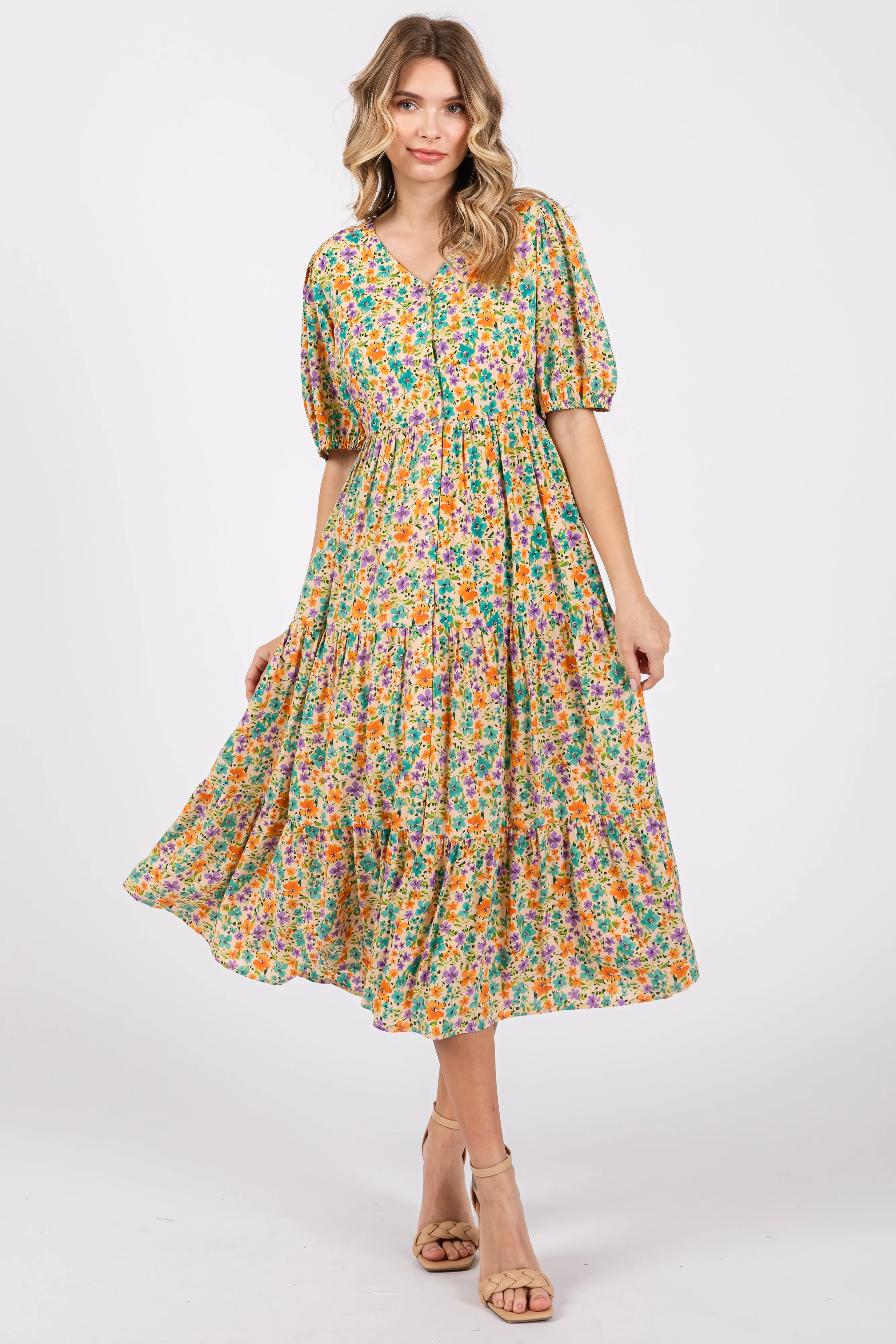 Beige Floral Button Front Ruffle Hem Midi Dress sold by Pinkblush