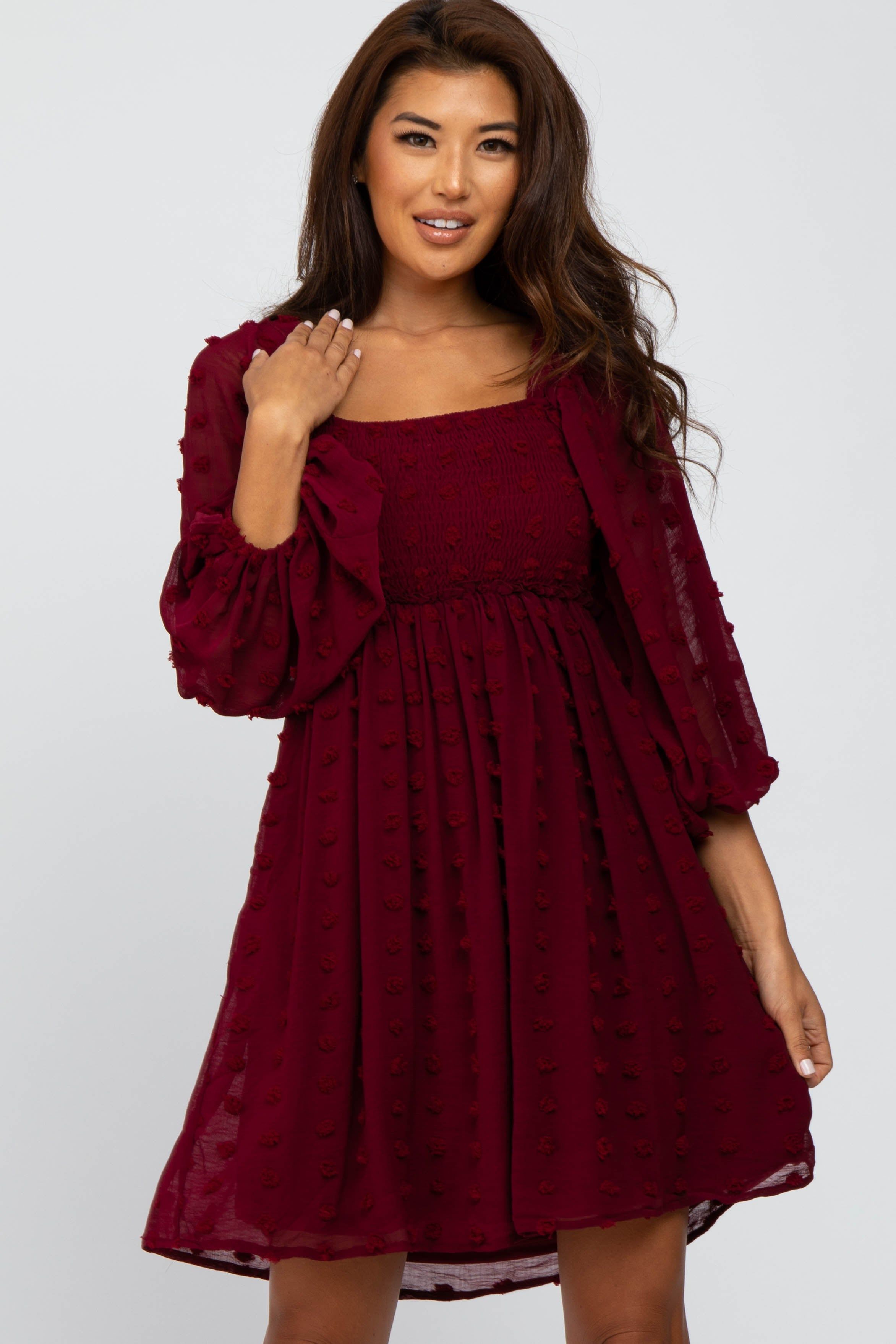 Burgundy Textured Dot Smocked Square Neck Chiffon Dress sold by Pinkblush product image thumbnail 4