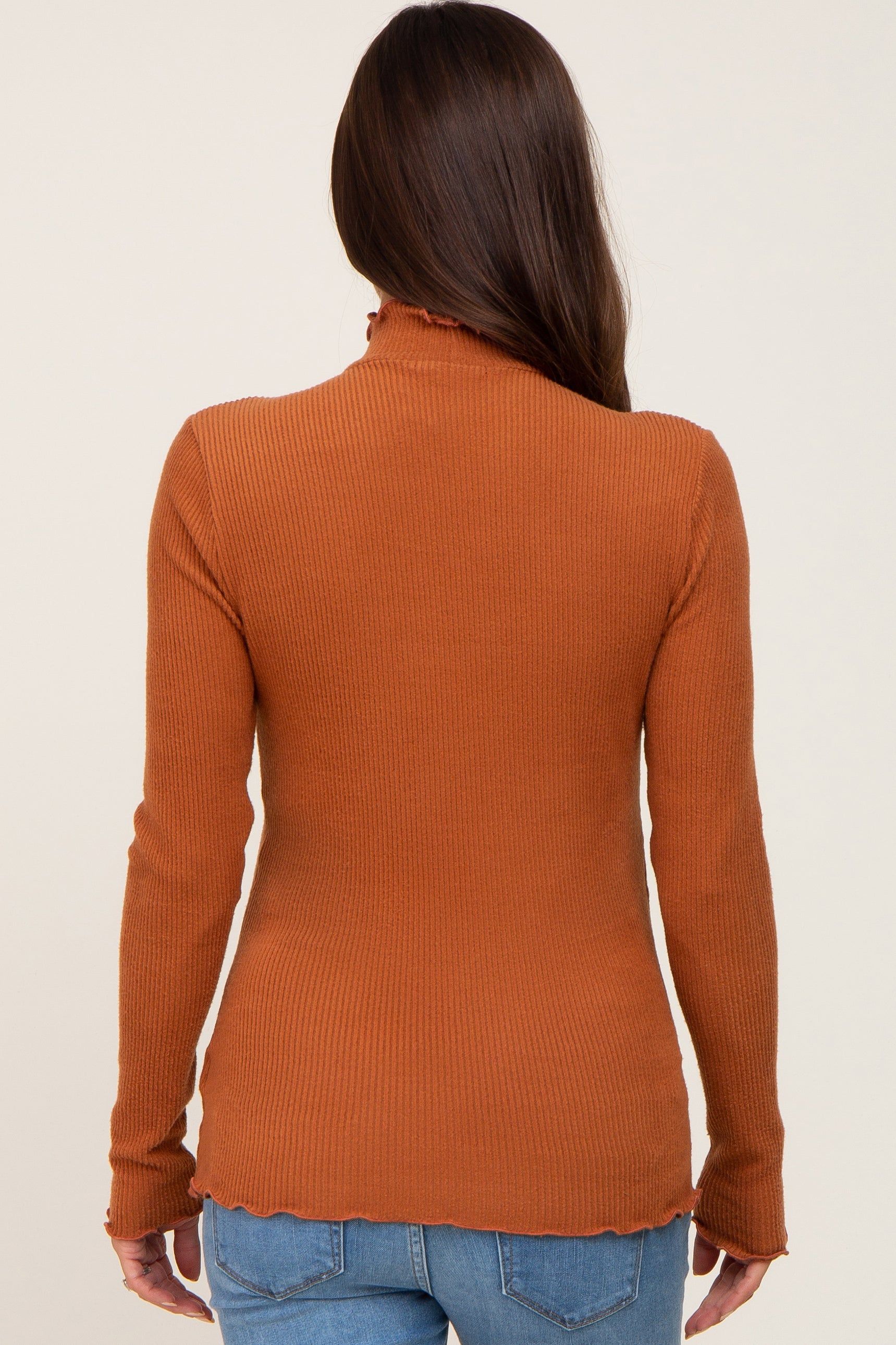 Rust Ribbed Ruffle Trim Mock Neck Maternity Top sold by Pinkblush product image thumbnail 3