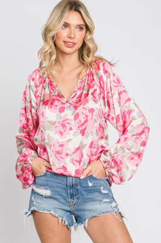 Beige Floral Satin Long Sleeve Top sold by Pinkblush