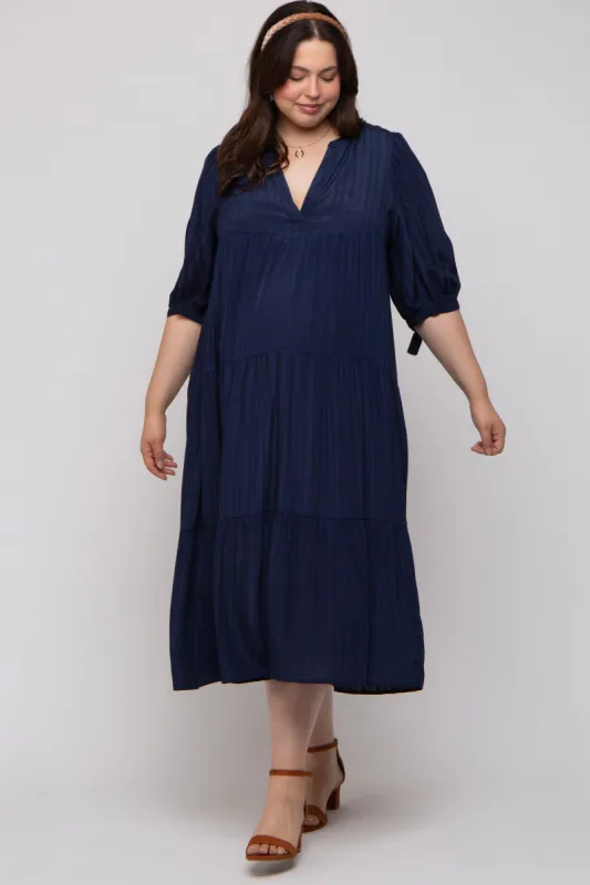 Navy Blue Striped Tiered Maternity Plus Midi Dress sold by Pinkblush