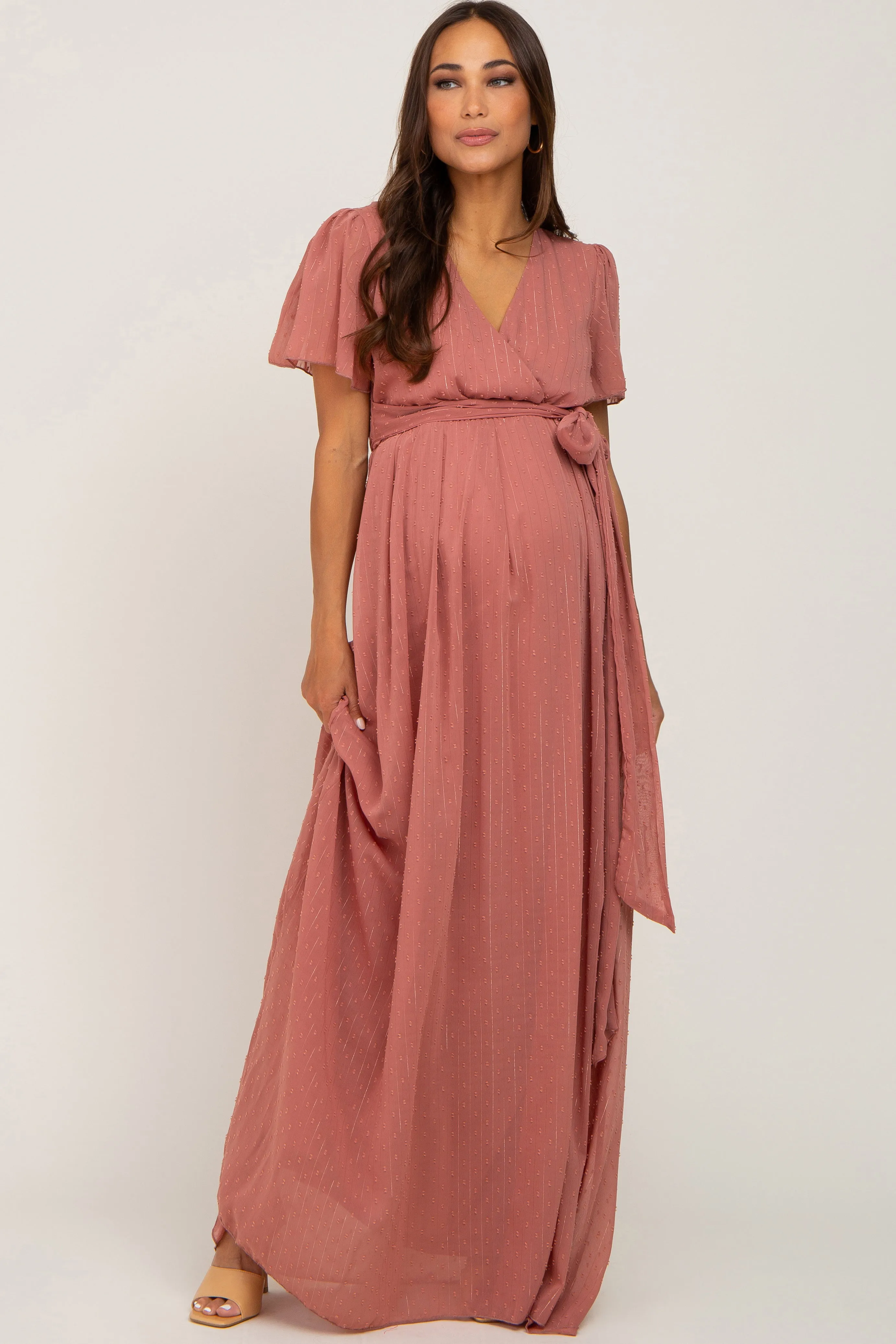 Mauve Swiss Dot Chiffon Maternity Maxi Dress sold by Pinkblush