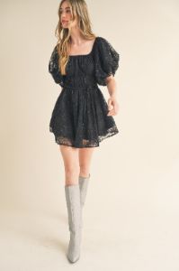 Black Sequined Lace Flared Mini Dress sold by Pinkblush