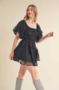 Black Sequined Lace Flared Mini Dress sold by Pinkblush