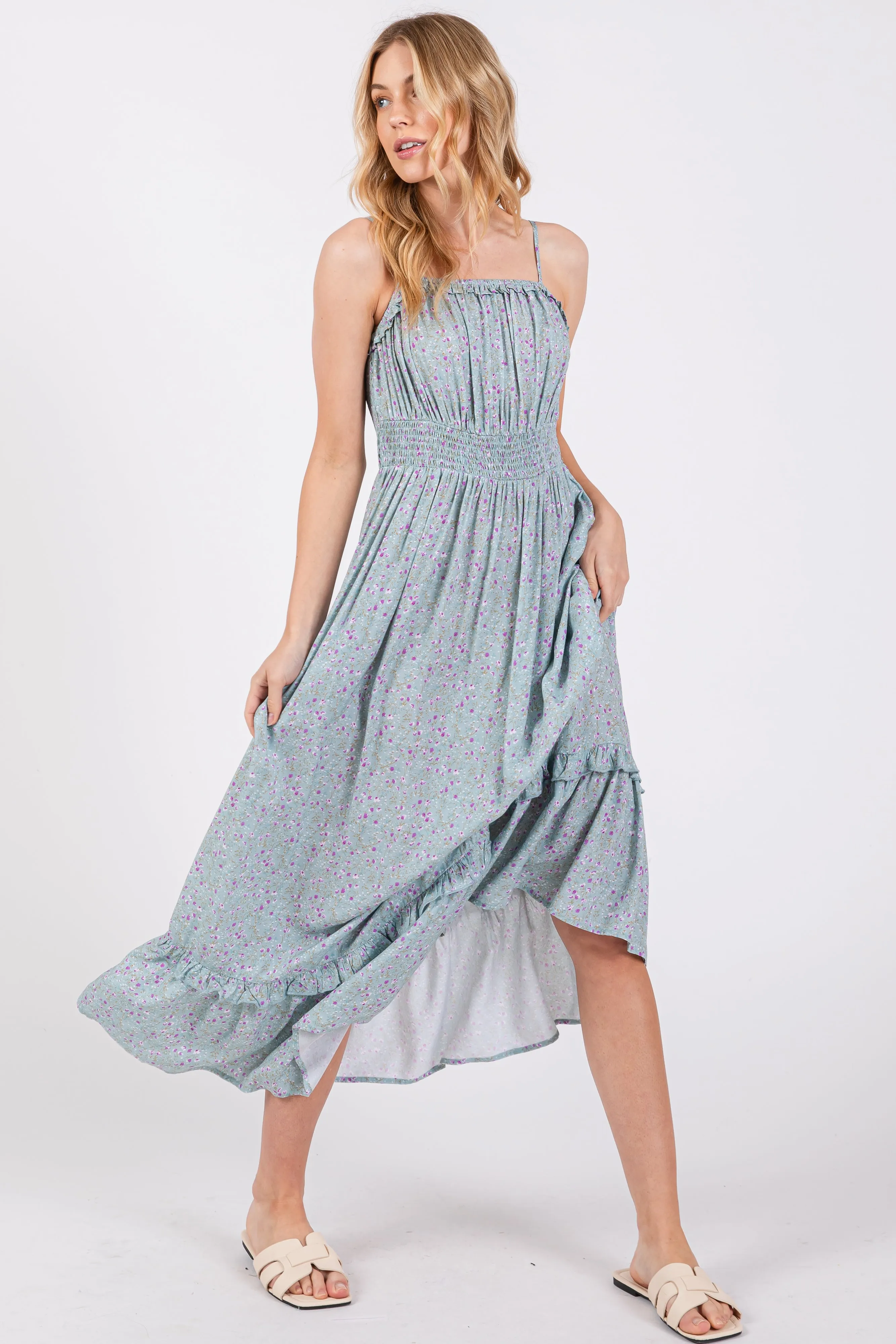 Light Blue Floral Ruffle Square Neck Smocked Waist Maxi Dress sold by Pinkblush