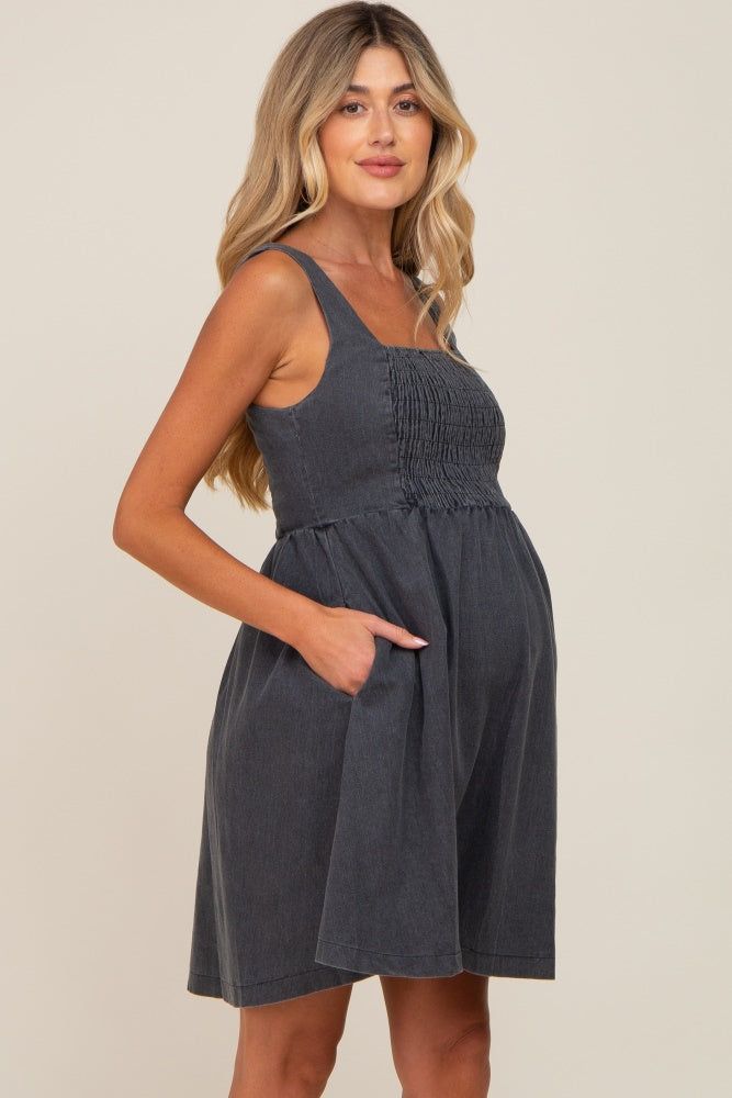 Black Smocked Square Neck Denim Maternity Dress sold by Pinkblush product image thumbnail 2