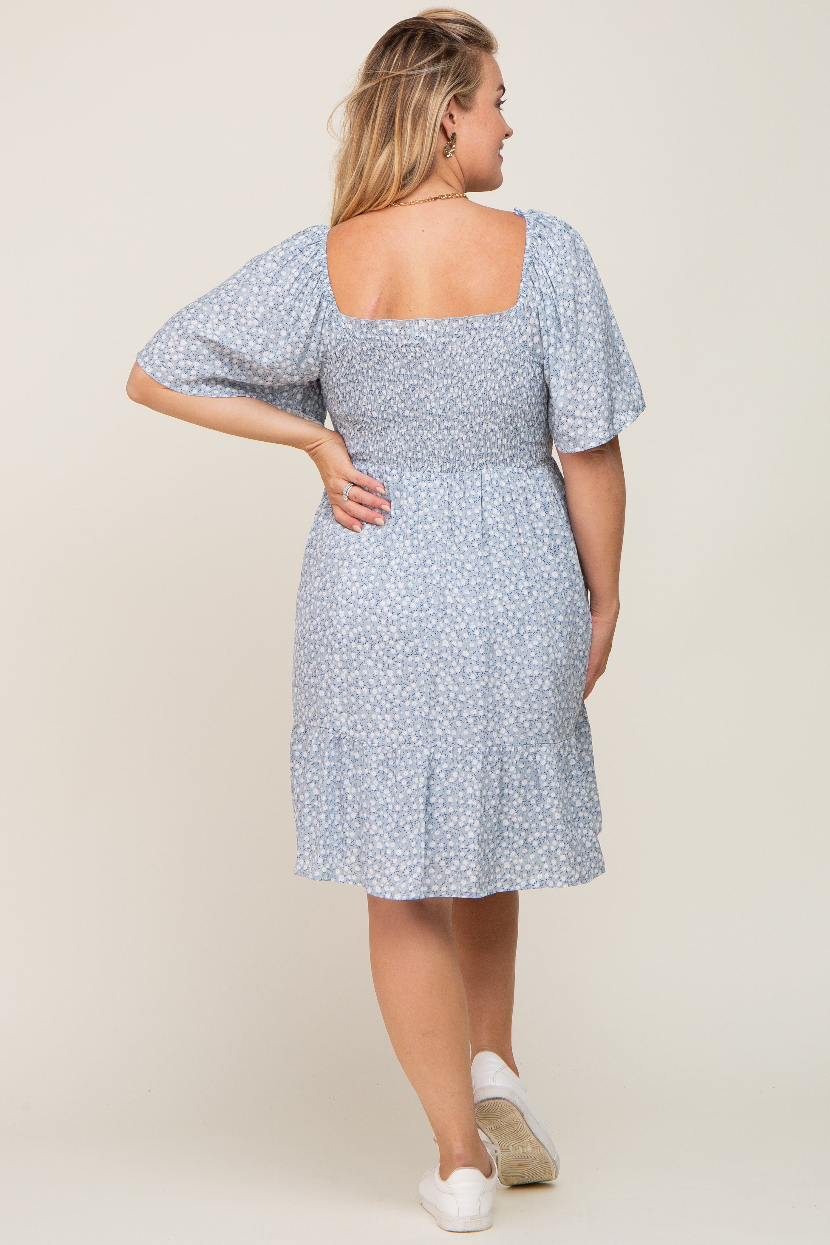 Light Blue Floral Smocked Square Neck Ruffle Hem Maternity Plus Dress sold by Pinkblush product image thumbnail 3