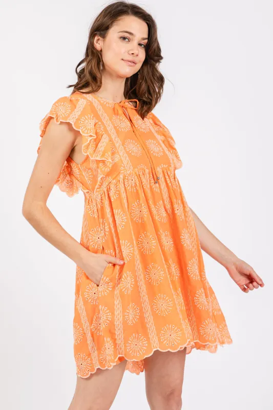 Orange Embroidered Flutter Sleeve Dress sold by Pinkblush