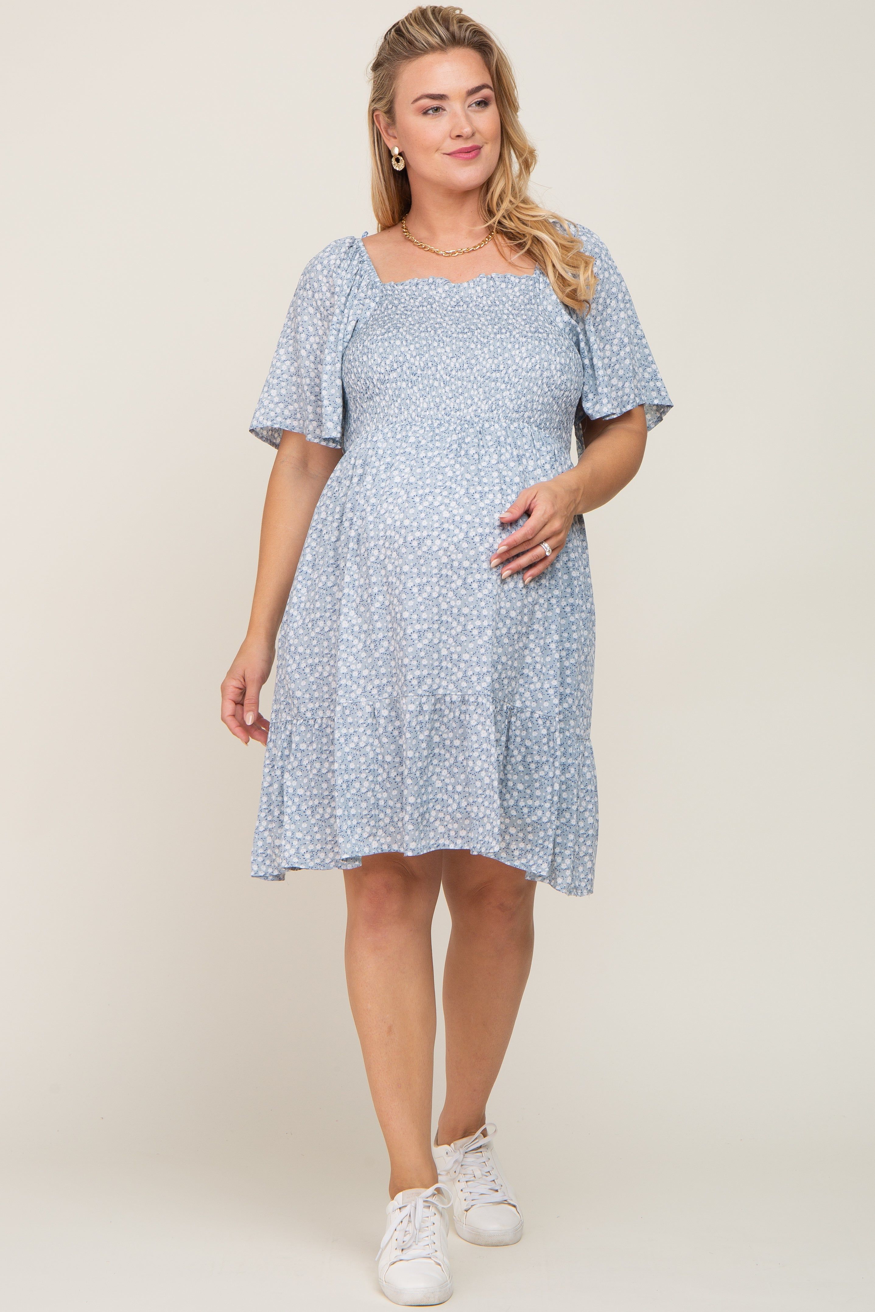 Light Blue Floral Smocked Square Neck Ruffle Hem Maternity Plus Dress sold by Pinkblush