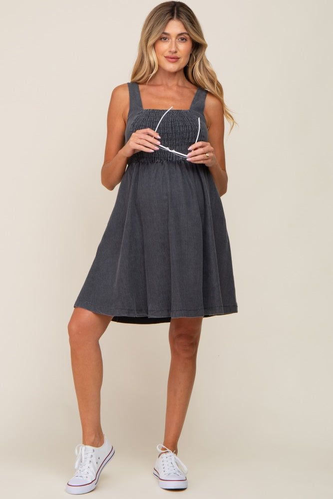 Black Smocked Square Neck Denim Maternity Dress sold by Pinkblush product image thumbnail 4