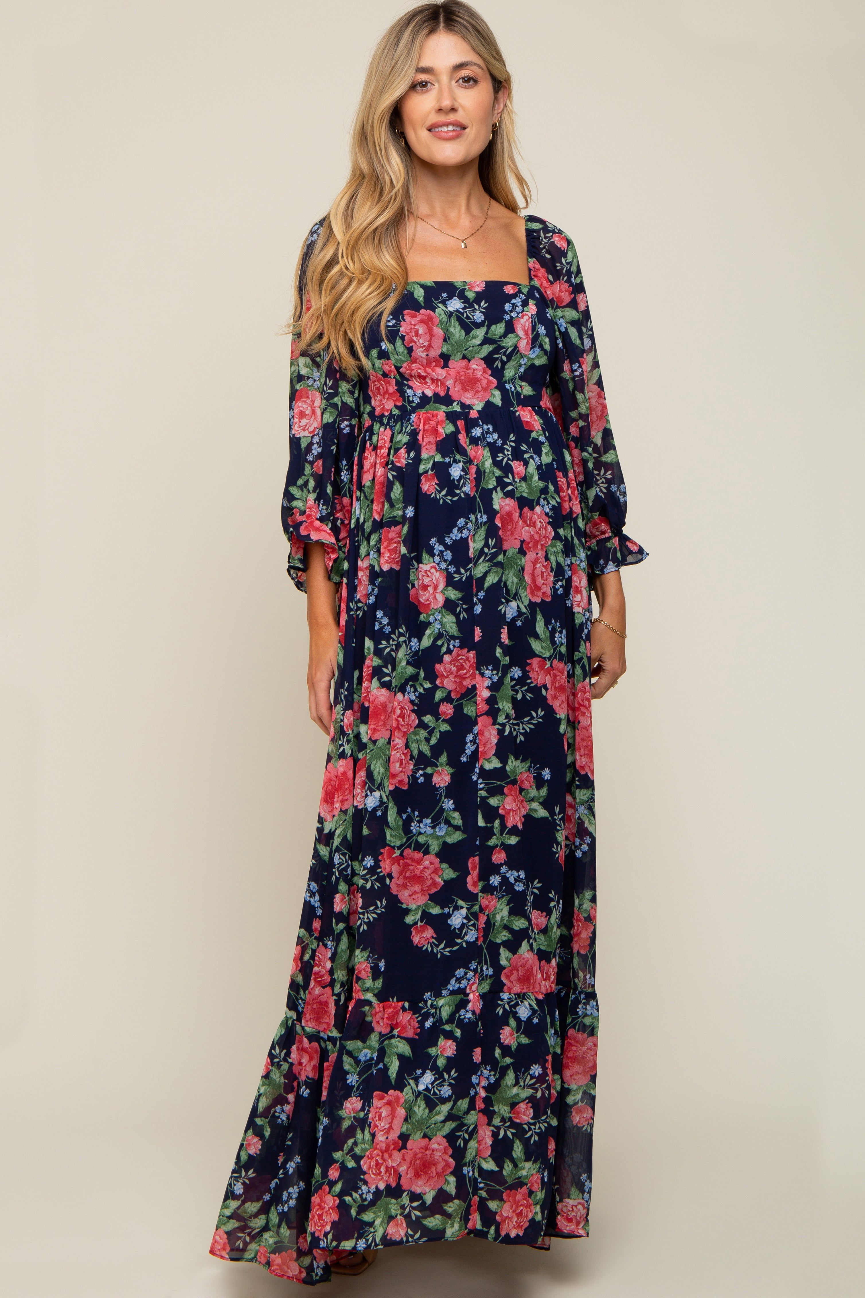 Navy Blue Floral Chiffon Square Neck 3/4 Ruffle Sleeve Maternity Maxi Dress sold by Pinkblush product image thumbnail 4
