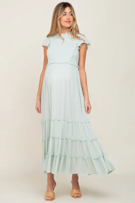 Mint Green Smocked Ruffle Accent Tiered Maternity Maxi Dress sold by Pinkblush