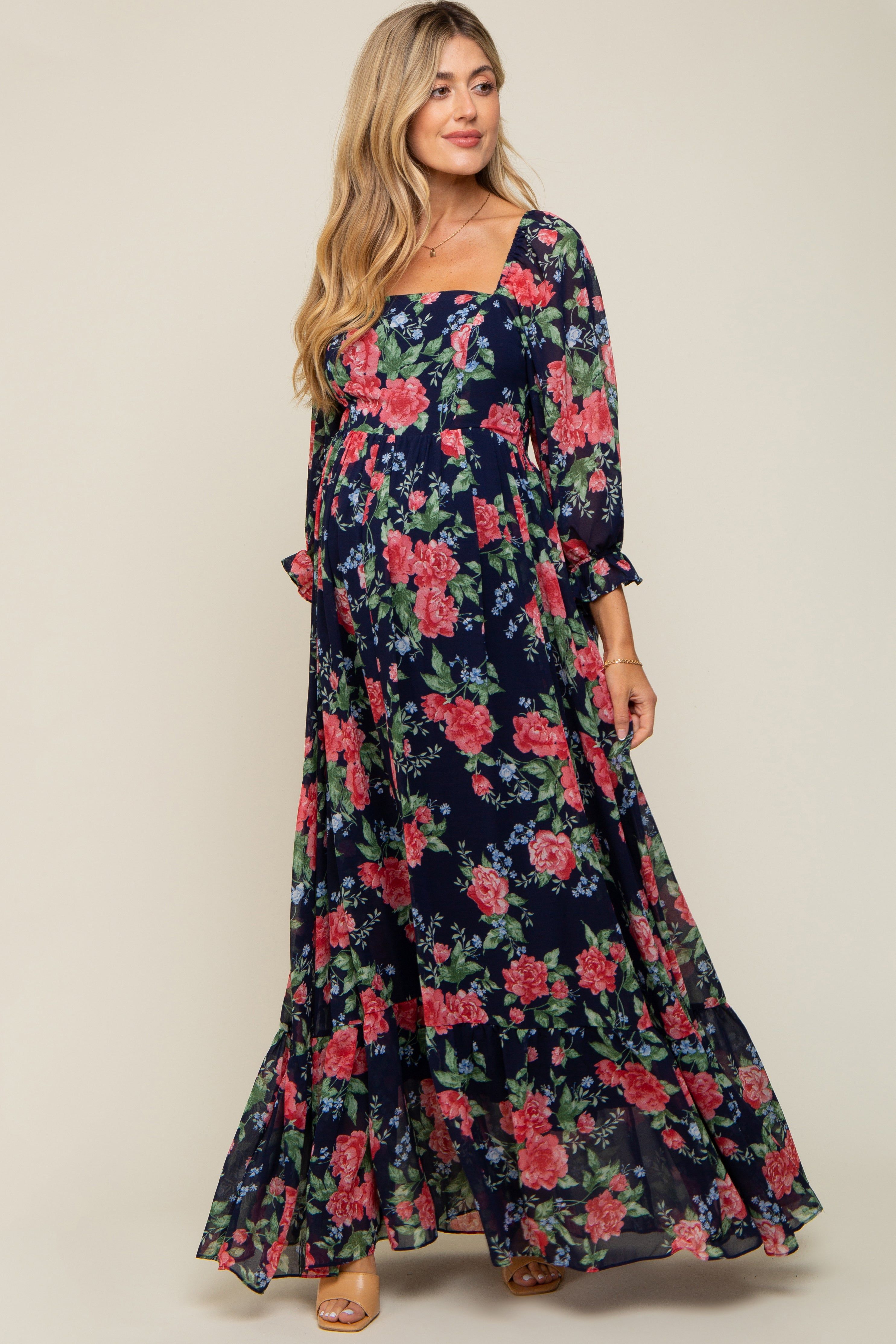 Navy Blue Floral Chiffon Square Neck 3/4 Ruffle Sleeve Maternity Maxi Dress sold by Pinkblush