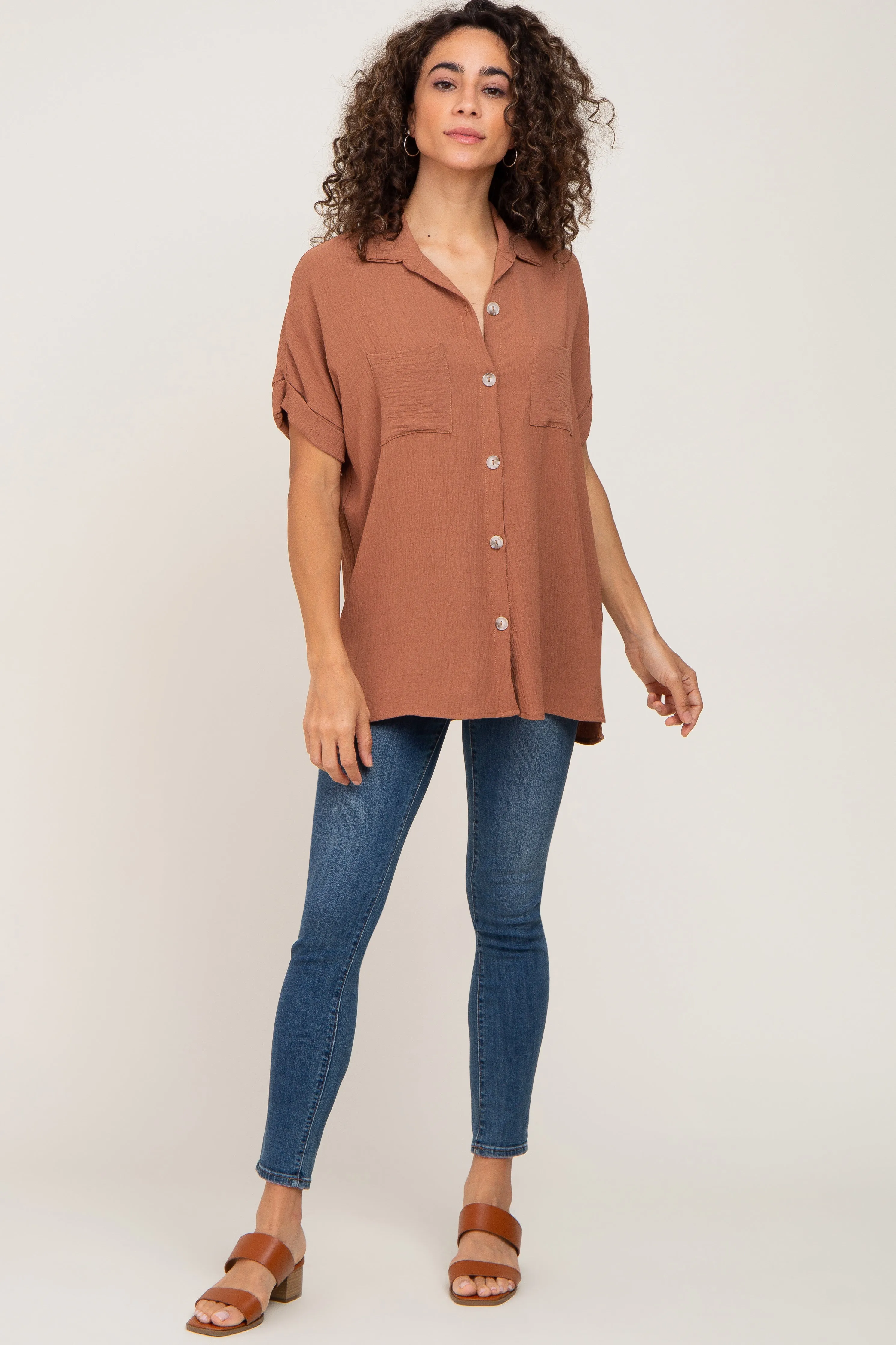Camel Collared Button-Down Short Sleeve Blouse sold by Pinkblush product image thumbnail 4