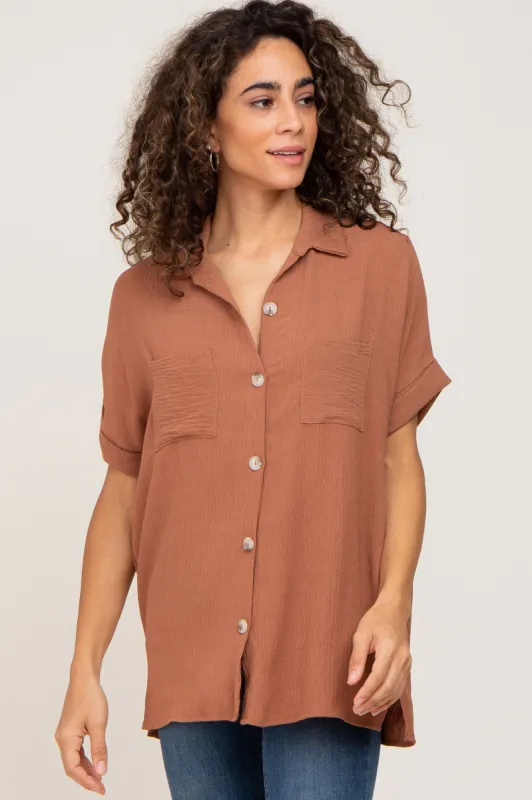 Camel Collared Button-Down Short Sleeve Blouse sold by Pinkblush