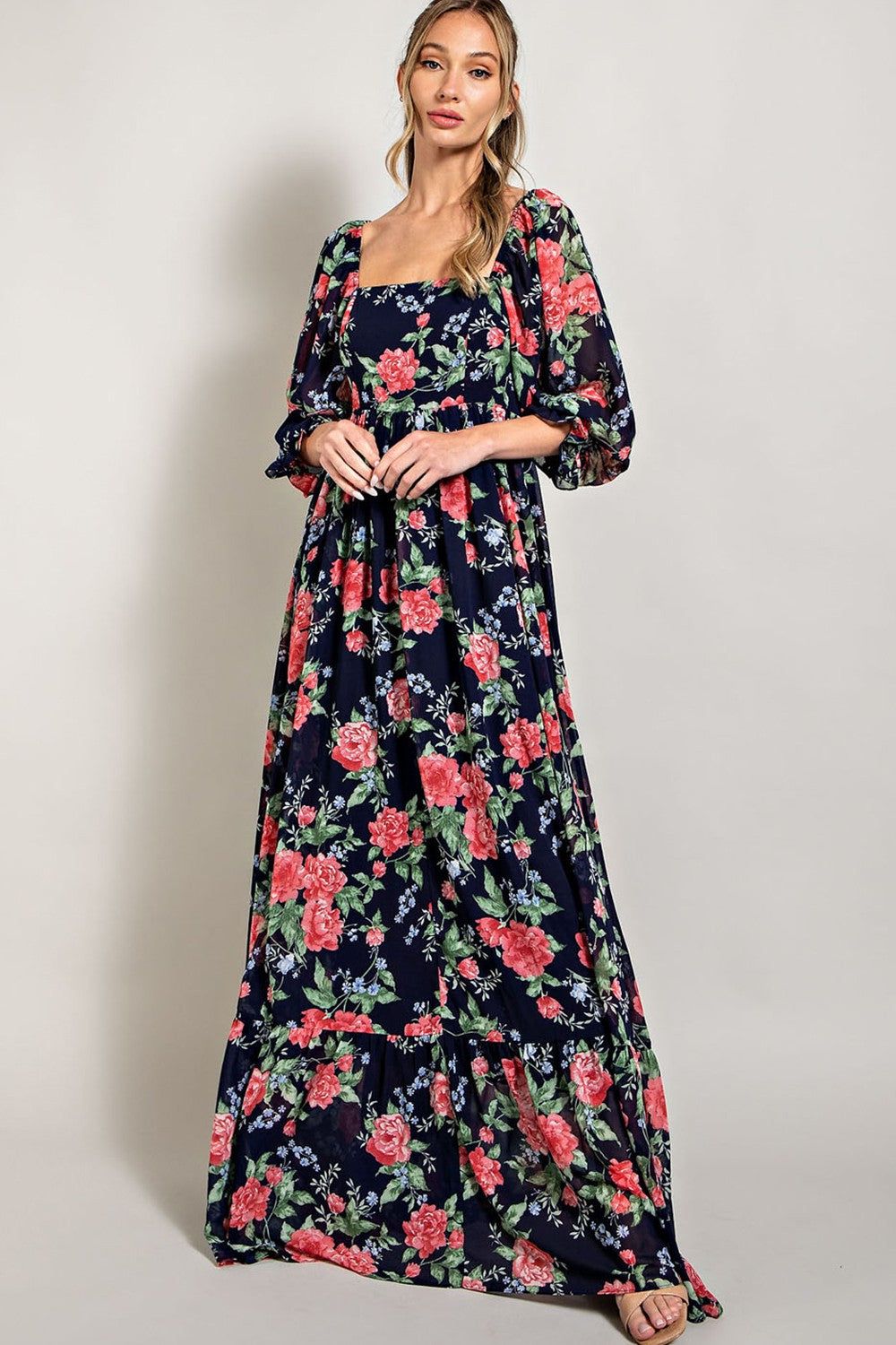 Navy Blue Floral Chiffon Square Neck 3/4 Ruffle Sleeve Maternity Maxi Dress sold by Pinkblush product image thumbnail 5