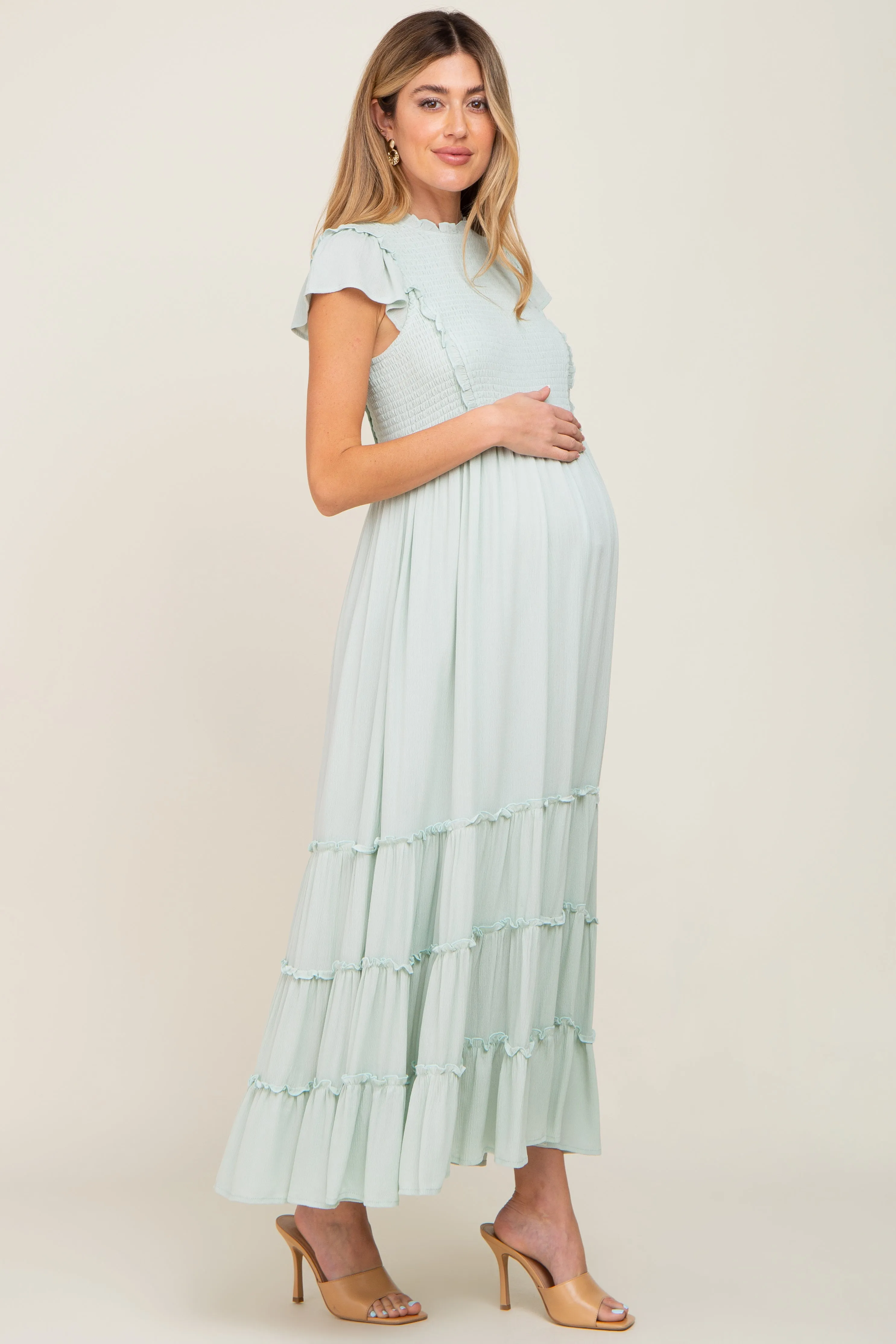 Mint Green Smocked Ruffle Accent Tiered Maternity Maxi Dress sold by Pinkblush product image thumbnail 2