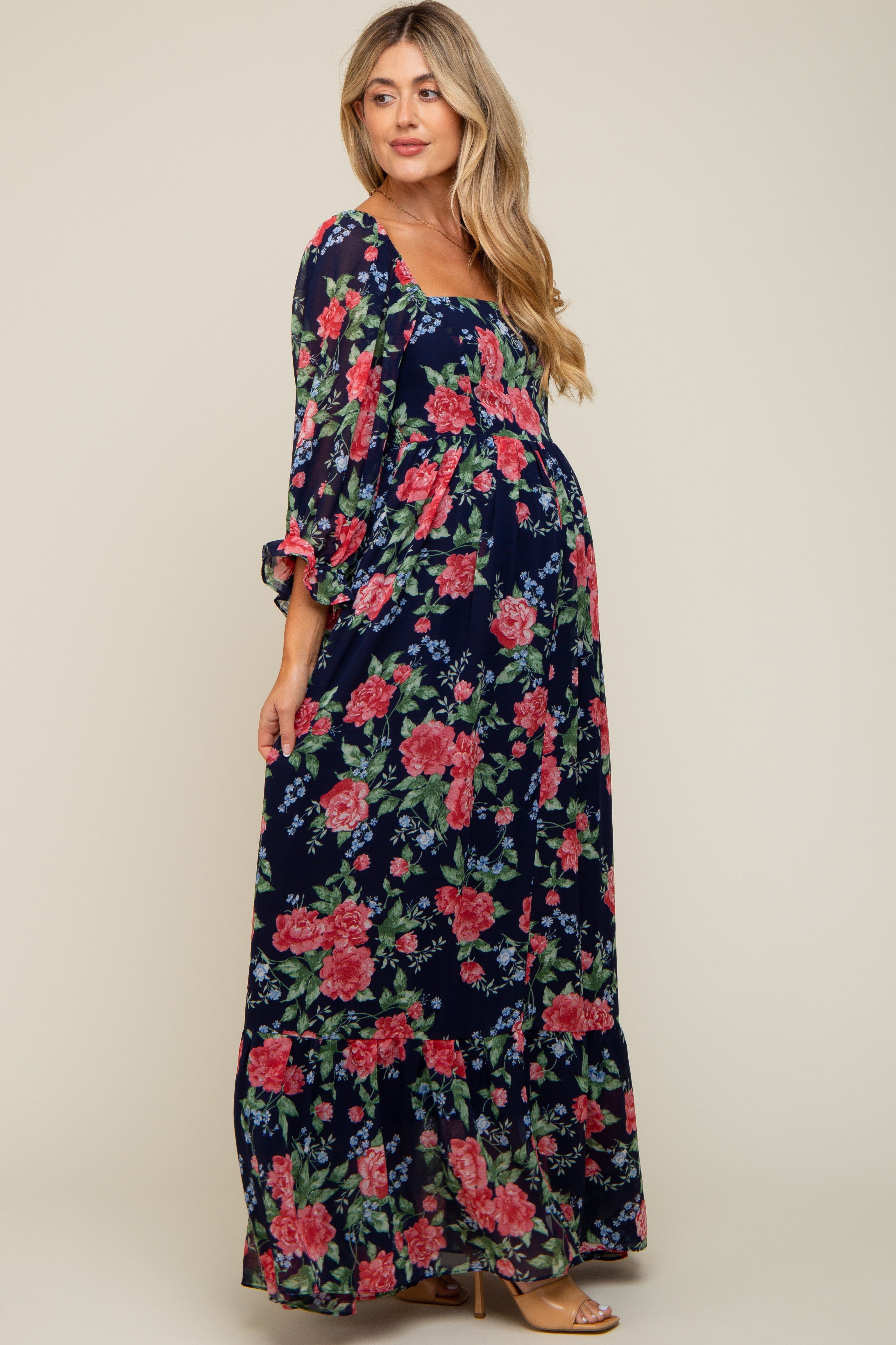 Navy Blue Floral Chiffon Square Neck 3/4 Ruffle Sleeve Maternity Maxi Dress sold by Pinkblush product image thumbnail 2