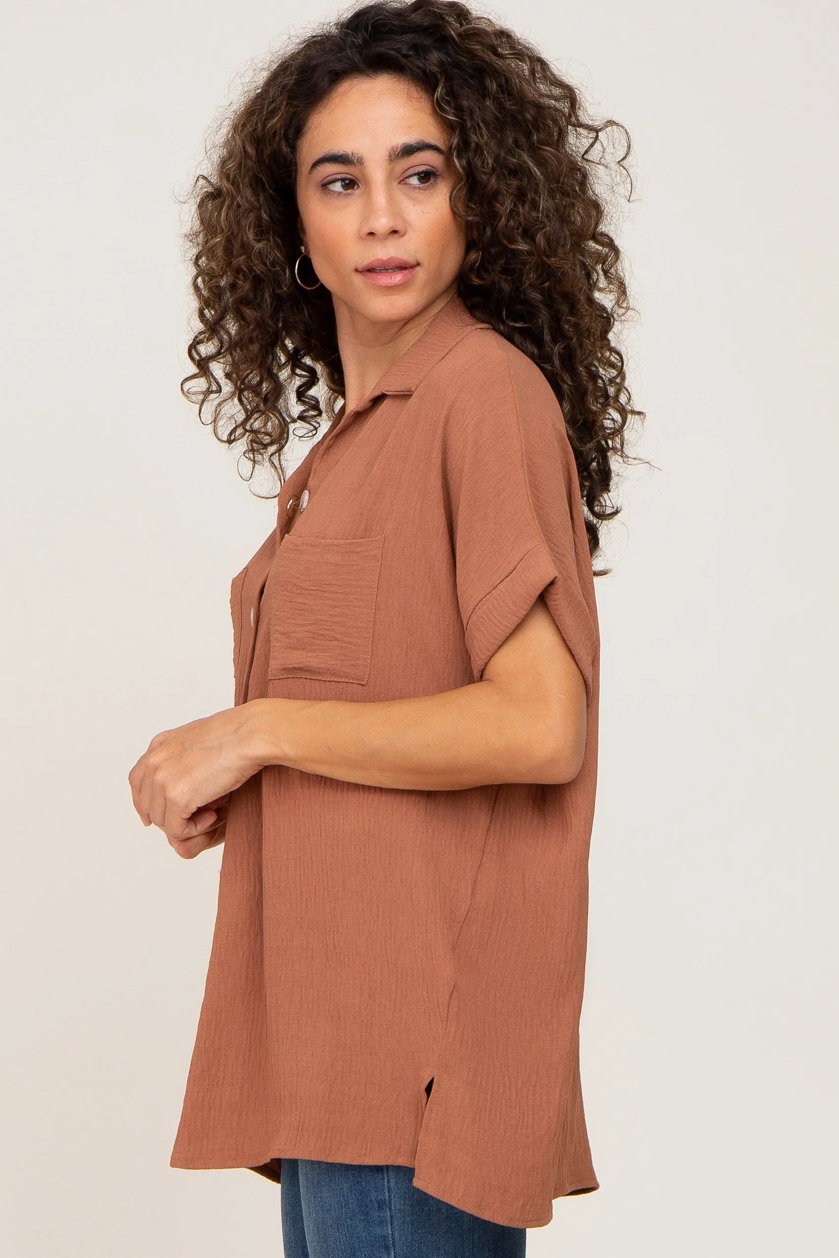 Camel Collared Button-Down Short Sleeve Blouse sold by Pinkblush product image thumbnail 2