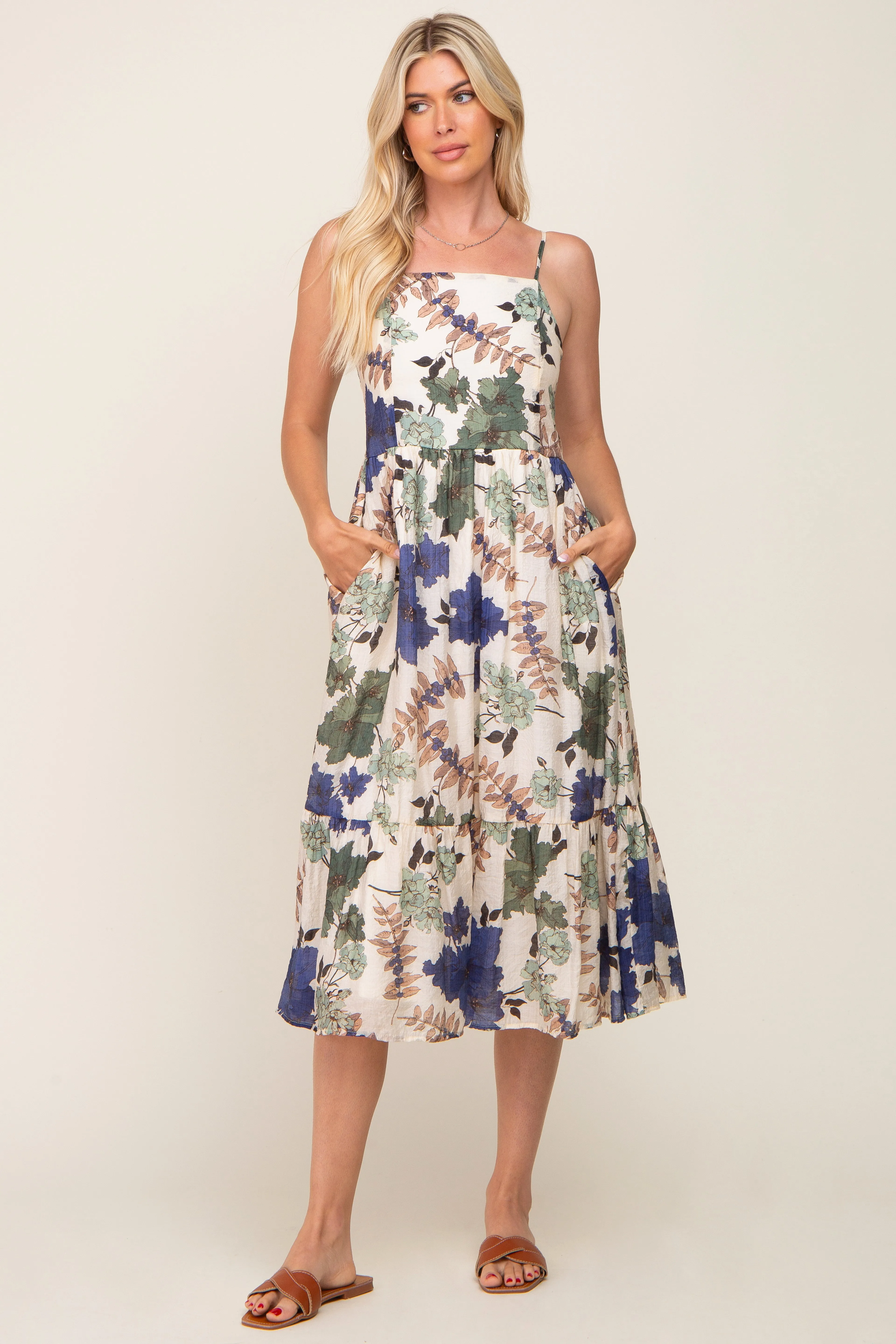 Cream Floral Sleeveless Midi Dress sold by Pinkblush