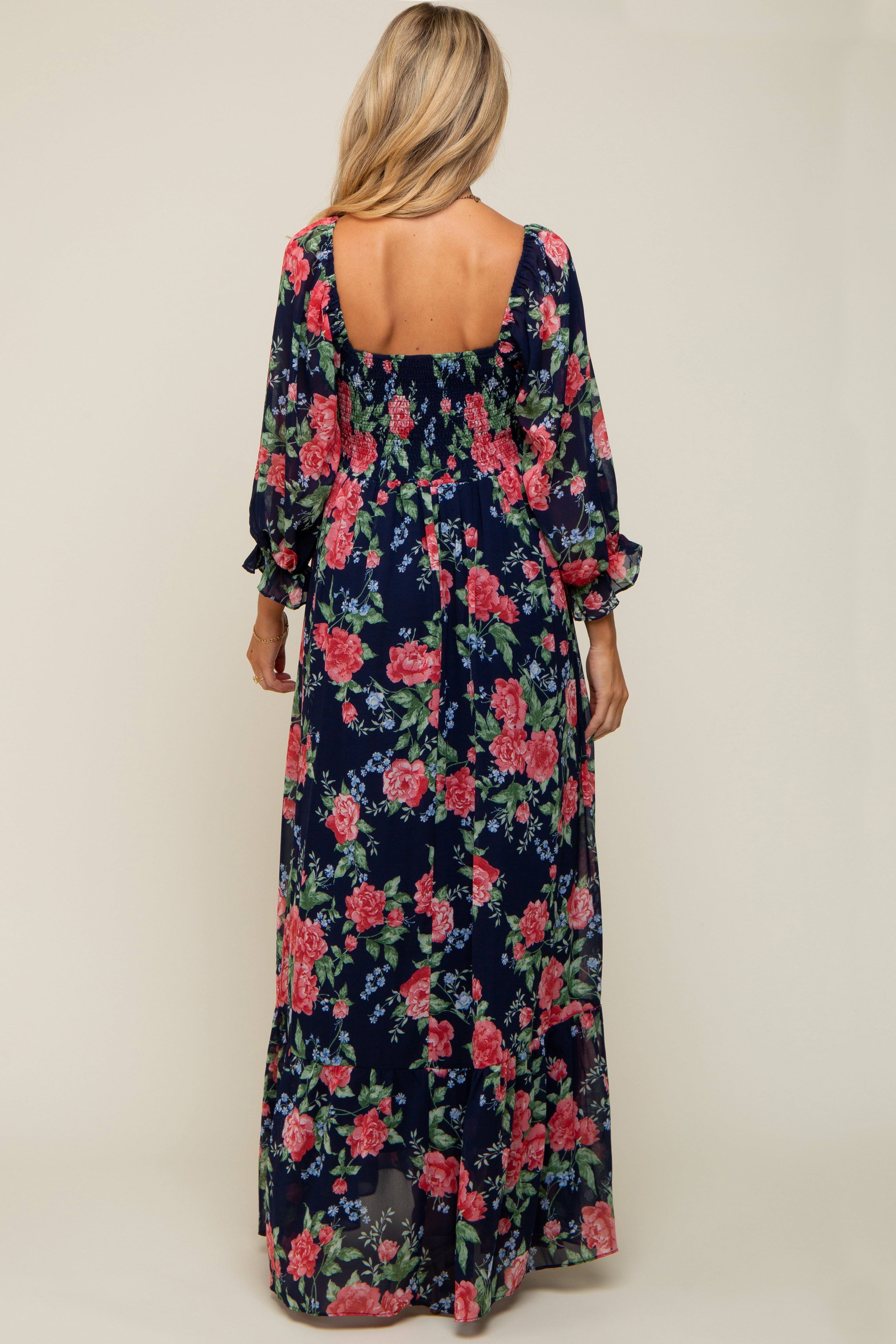 Navy Blue Floral Chiffon Square Neck 3/4 Ruffle Sleeve Maternity Maxi Dress sold by Pinkblush product image thumbnail 3