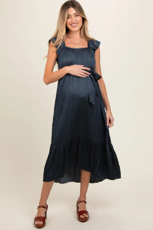 Navy Blue Ruffle Short Sleeve Self Tie Maternity Dress sold by Pinkblush