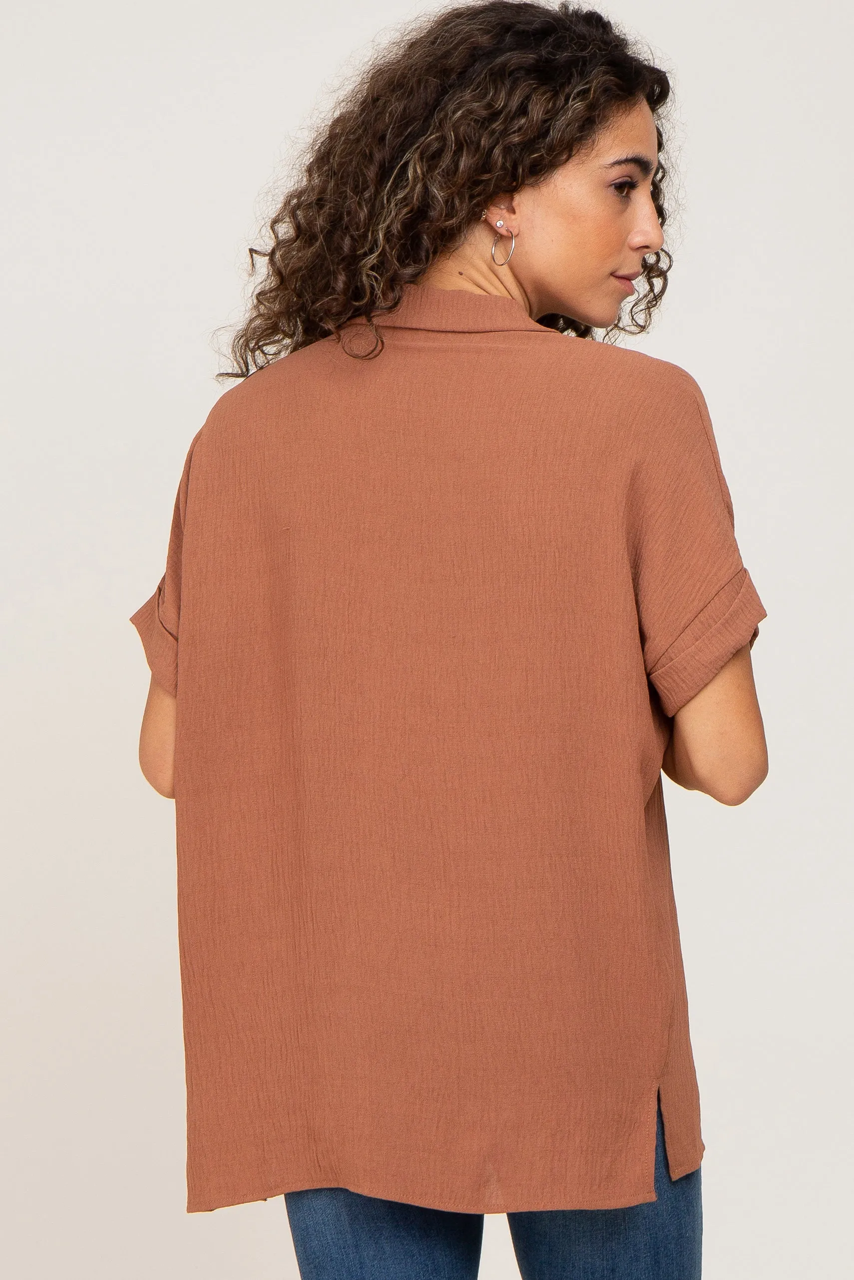 Camel Collared Button-Down Short Sleeve Blouse sold by Pinkblush product image thumbnail 3