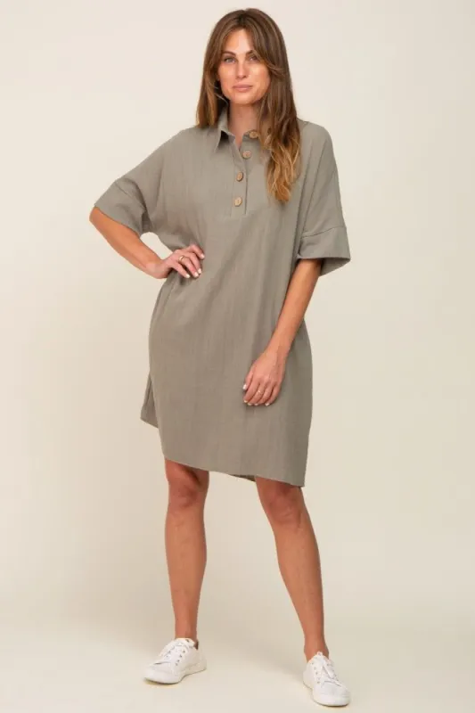 Sage Linen Front Button Collared Dress sold by Pinkblush
