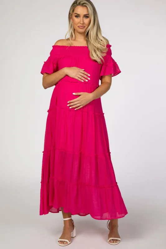 Fuchsia Off Shoulder Tiered Maternity Maxi Dress sold by Pinkblush