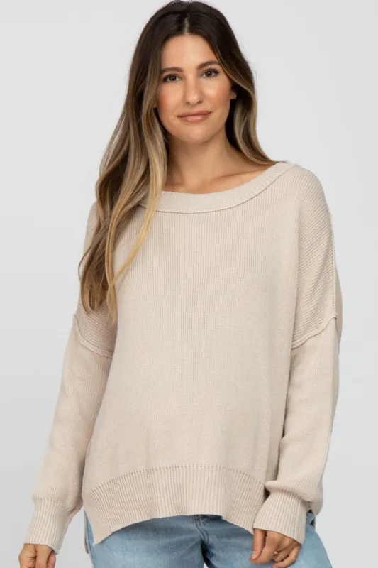Beige Exposed Seam Side Slit Maternity Sweater sold by Pinkblush