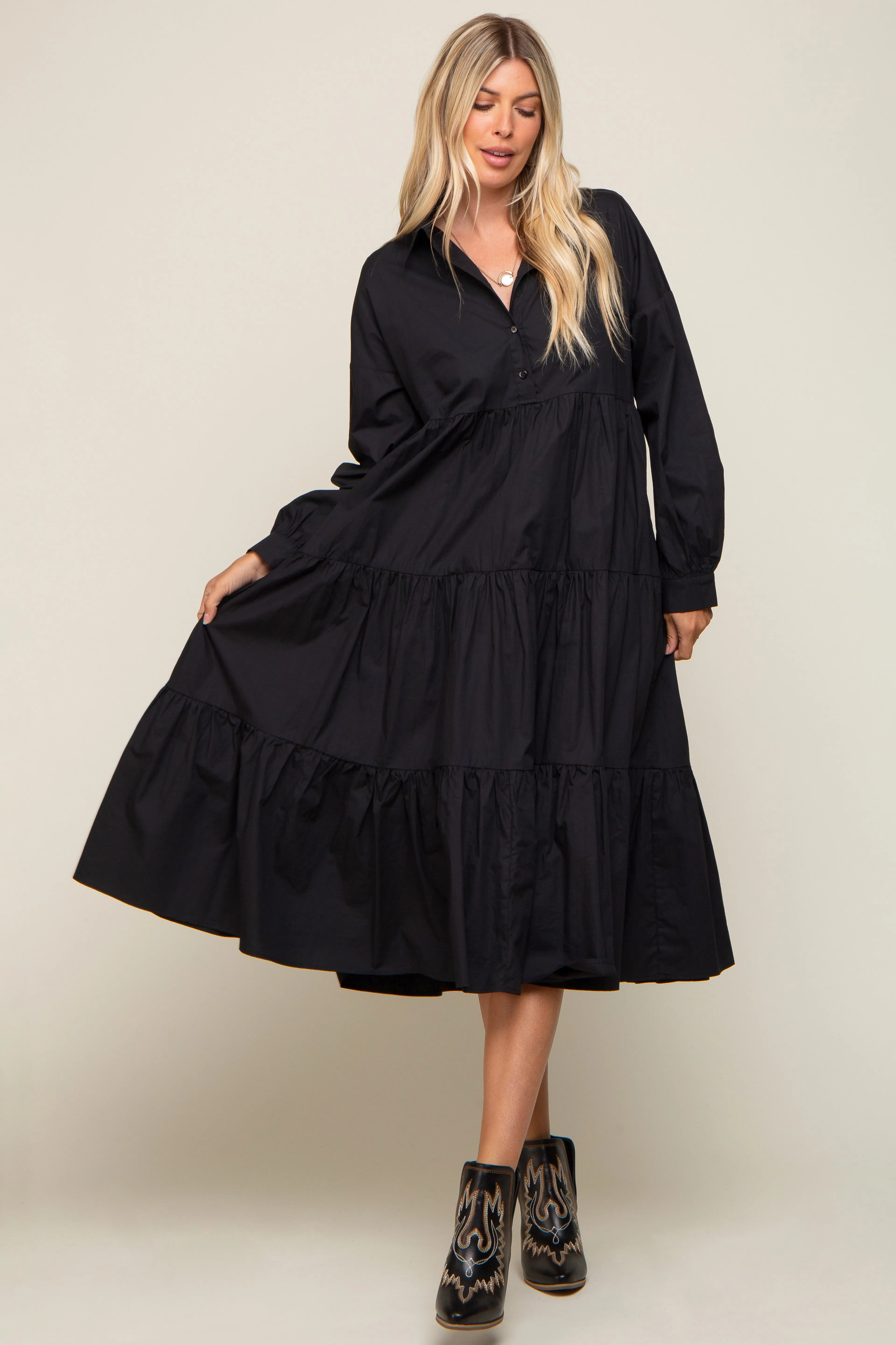 Black Tiered Button Down Midi Dress sold by Pinkblush product image thumbnail 5