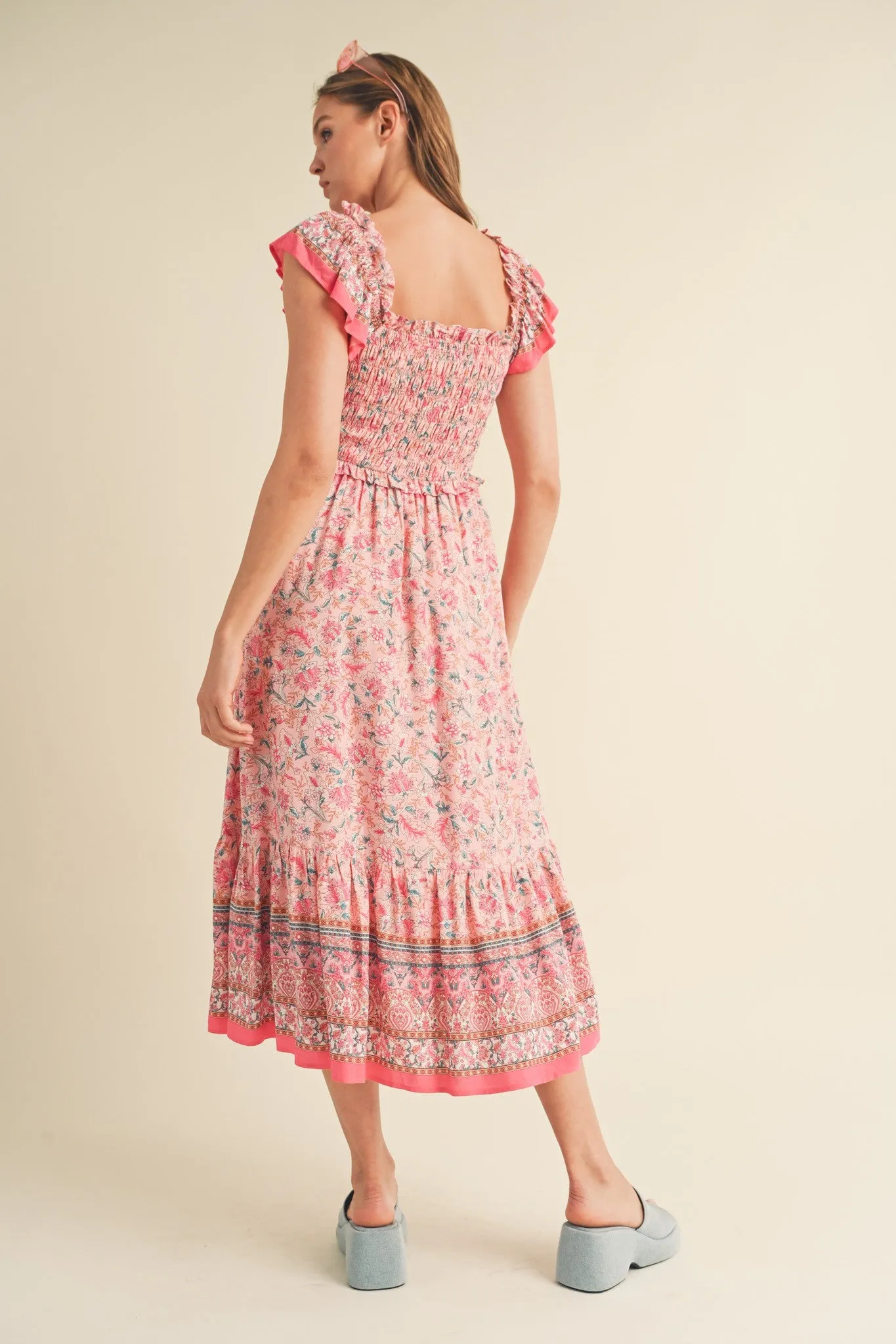 Pink Floral Smocked Midi Dress sold by Pinkblush product image thumbnail 3