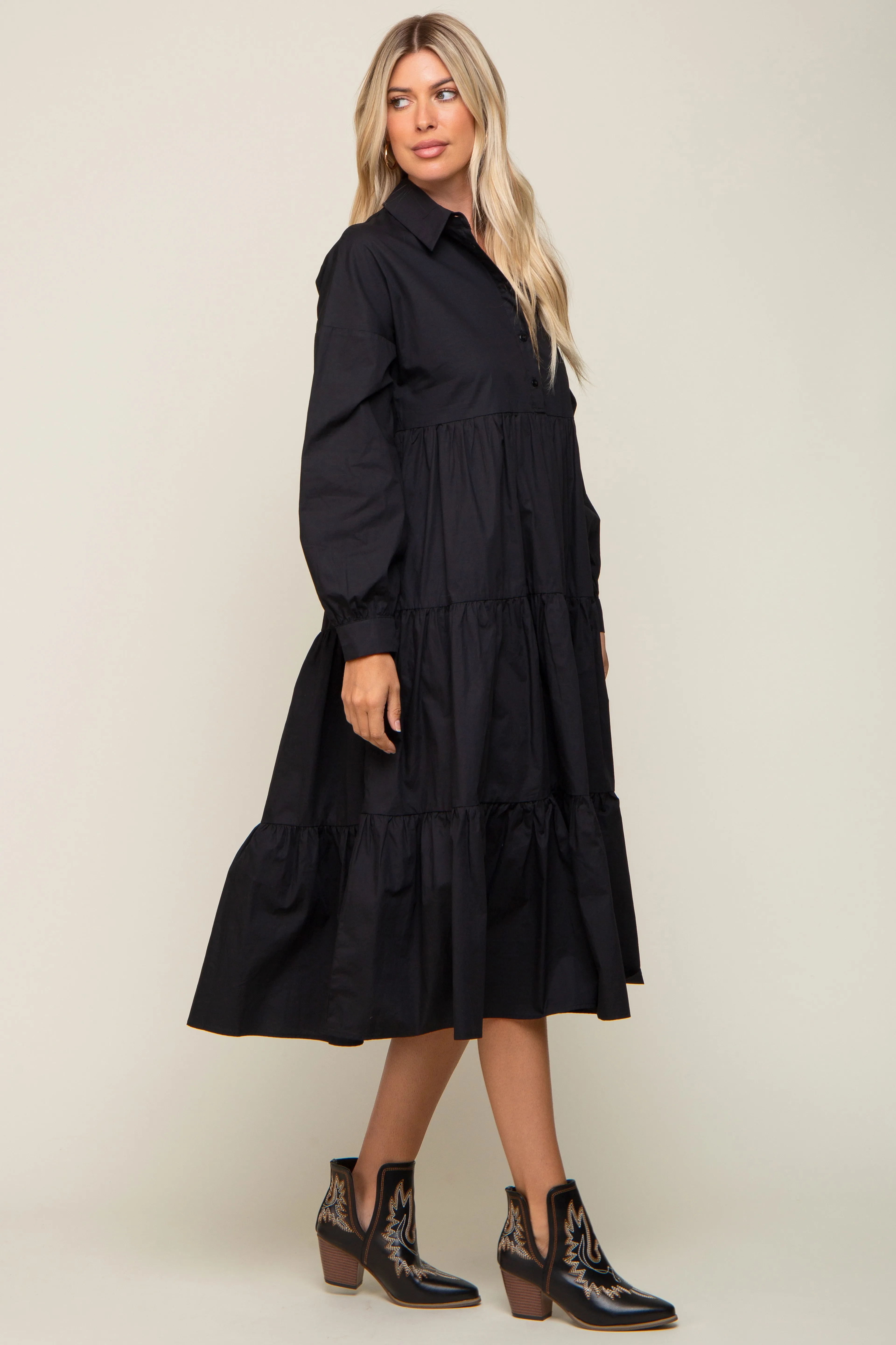 Black Tiered Button Down Midi Dress sold by Pinkblush product image thumbnail 2