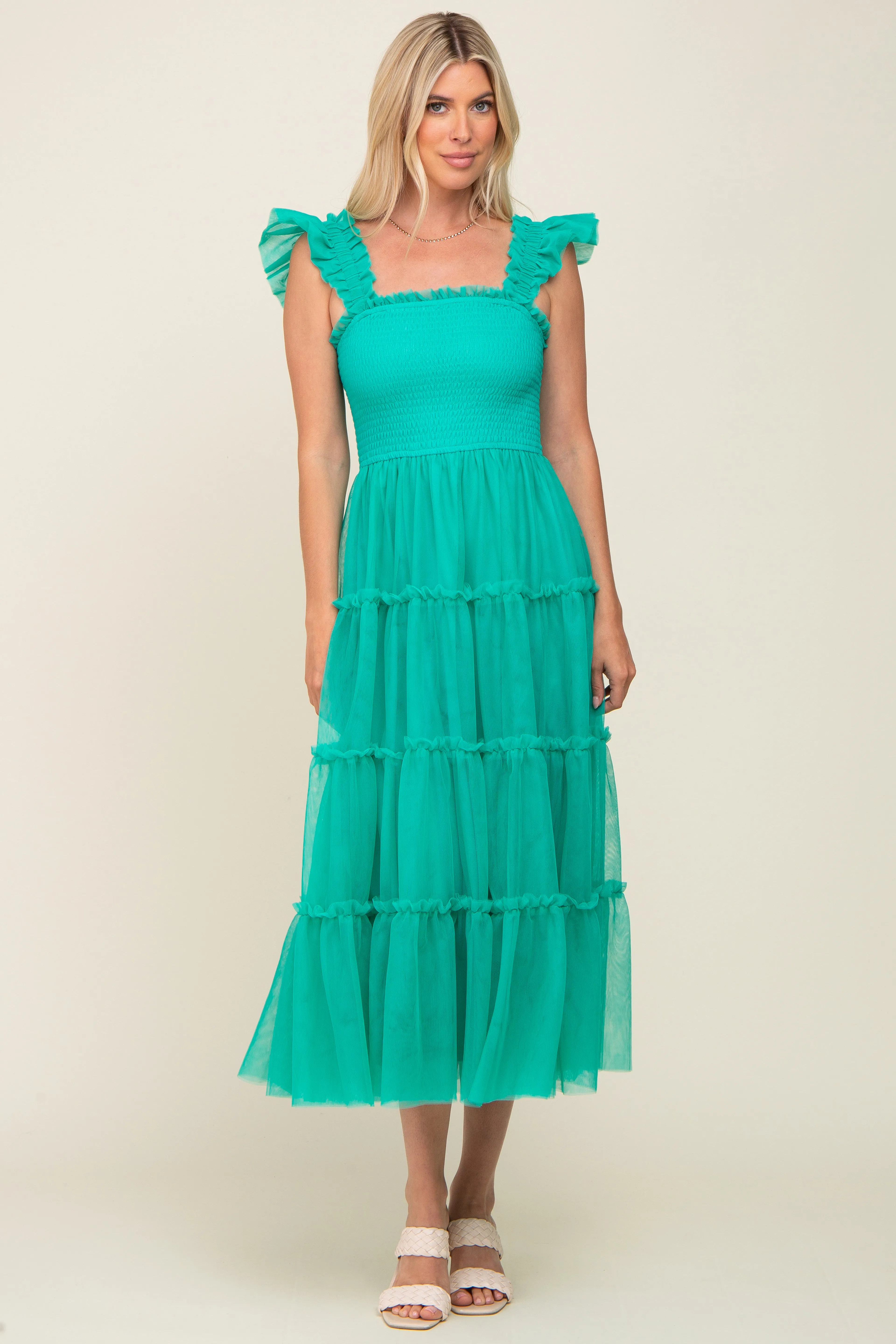 Jade Smocked Mesh Ruffle Accent Midi Dress sold by Pinkblush product image thumbnail 4