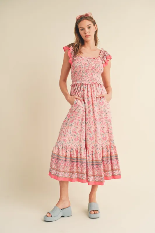 Pink Floral Smocked Midi Dress sold by Pinkblush