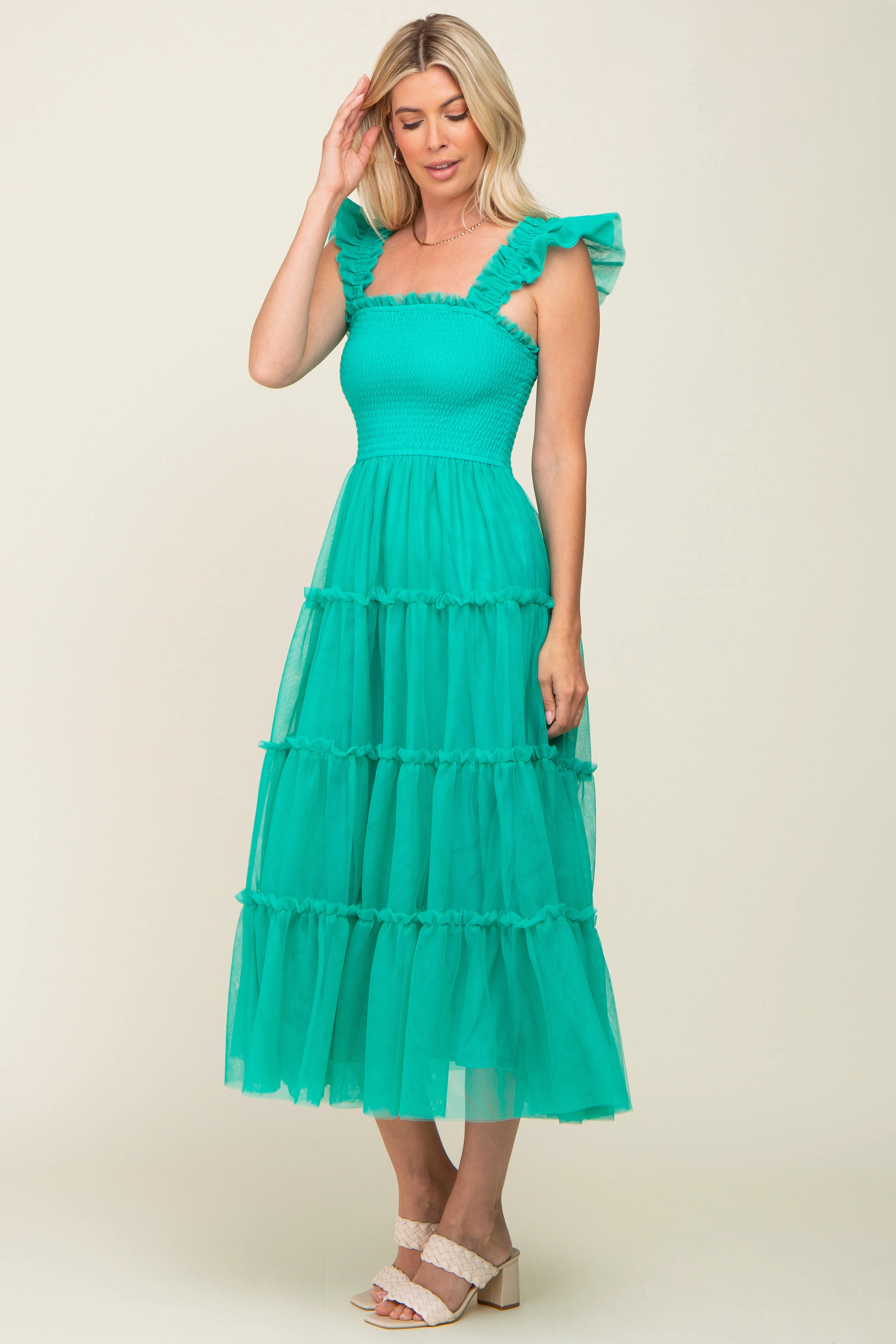 Jade Smocked Mesh Ruffle Accent Midi Dress sold by Pinkblush product image thumbnail 2