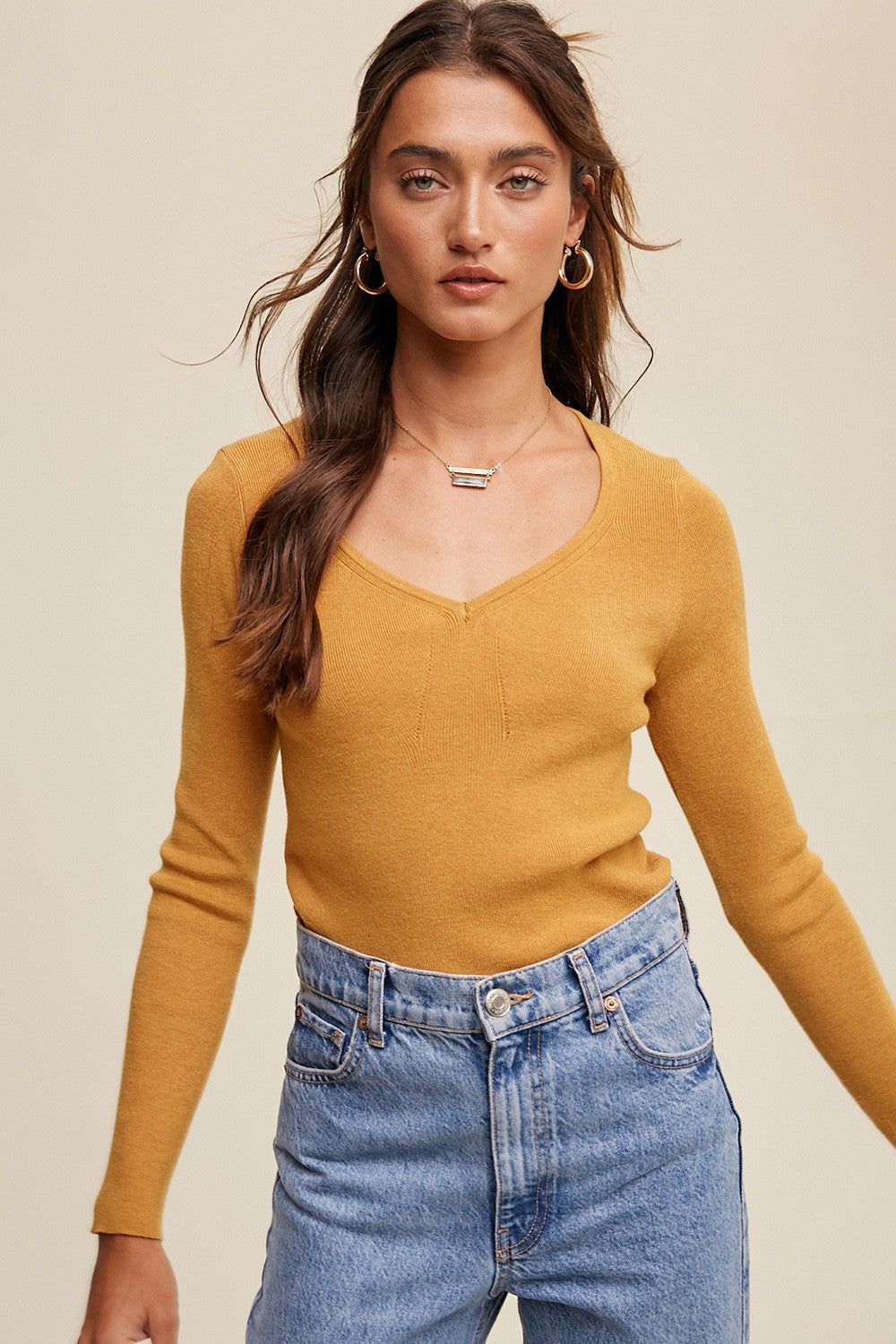Mustard Slim Fit V-Neck Long Sleeve Ribbed Sweater Top sold by Pinkblush
