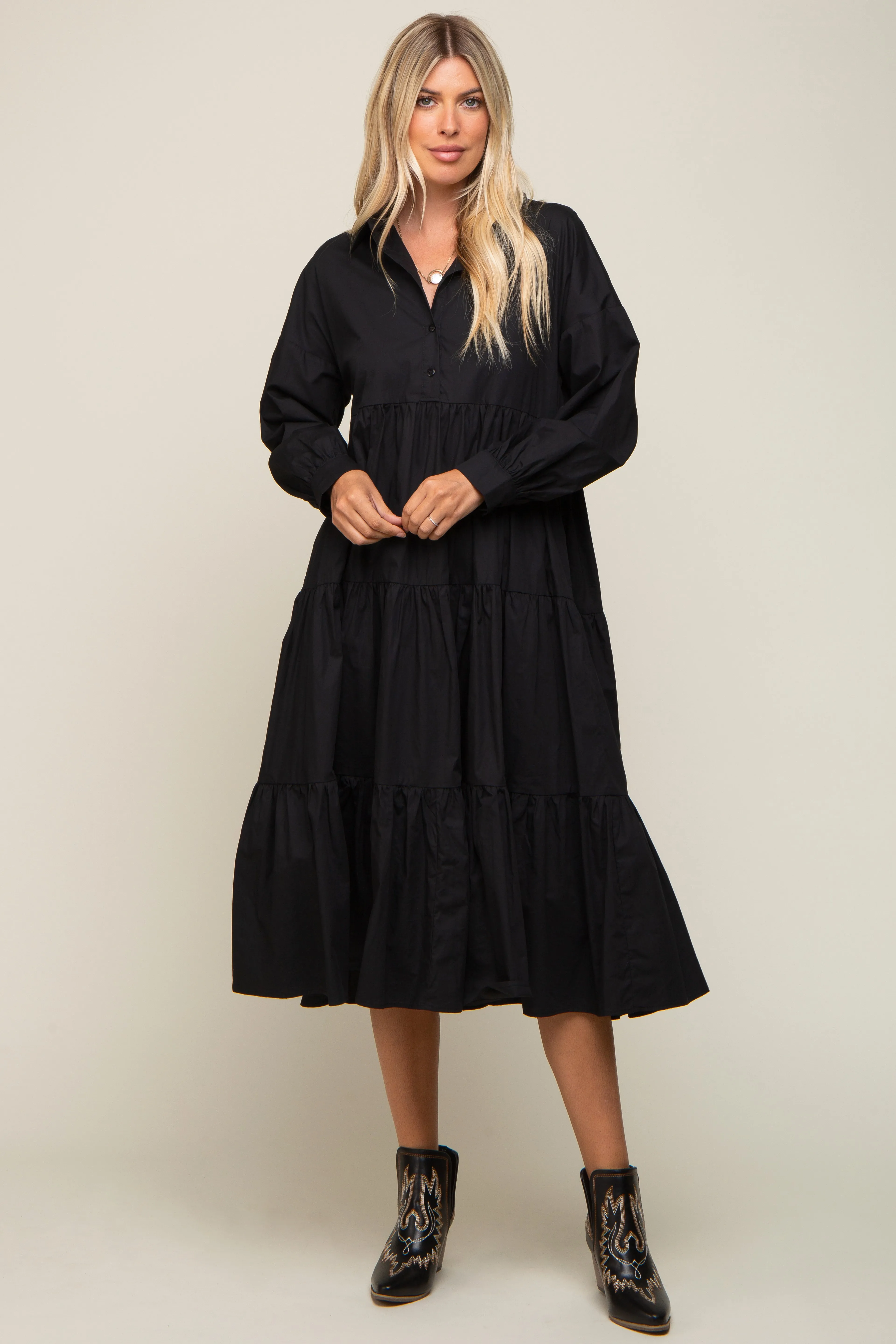 Black Tiered Button Down Midi Dress sold by Pinkblush product image thumbnail 4