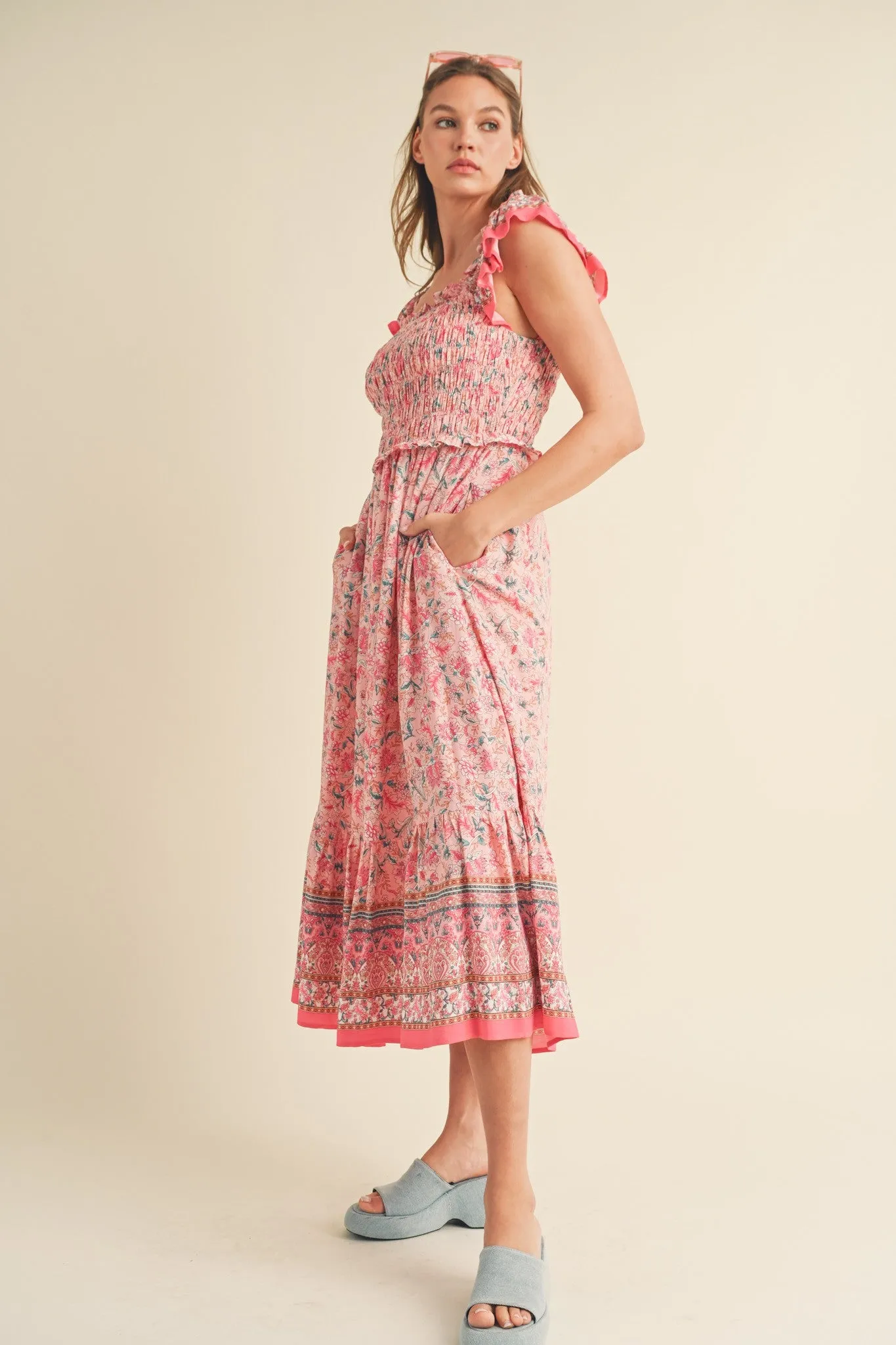 Pink Floral Smocked Midi Dress sold by Pinkblush product image thumbnail 2